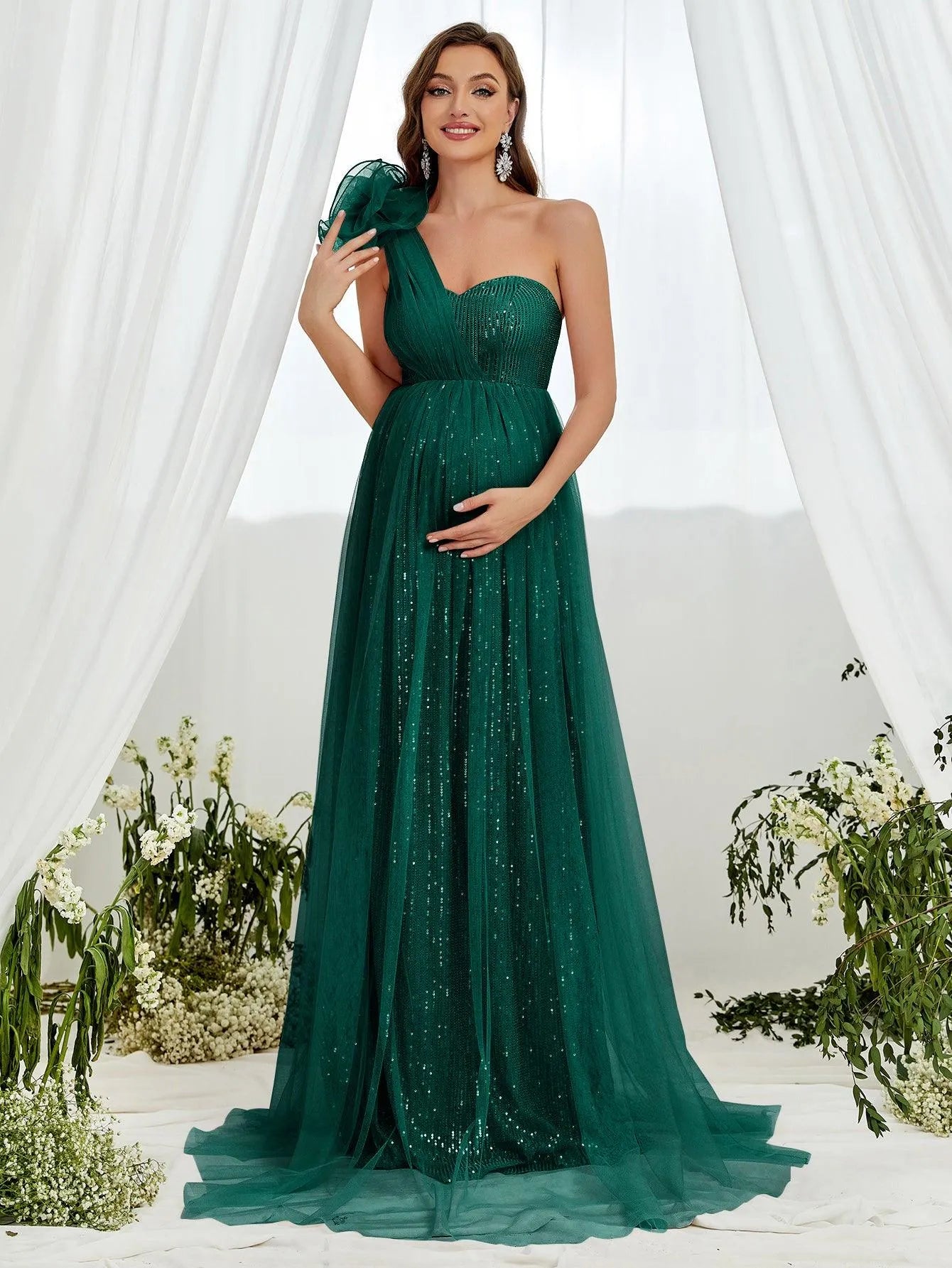 Maternity One Shoulder Contrast Mesh Sequin Formal Dress - Elonnashop