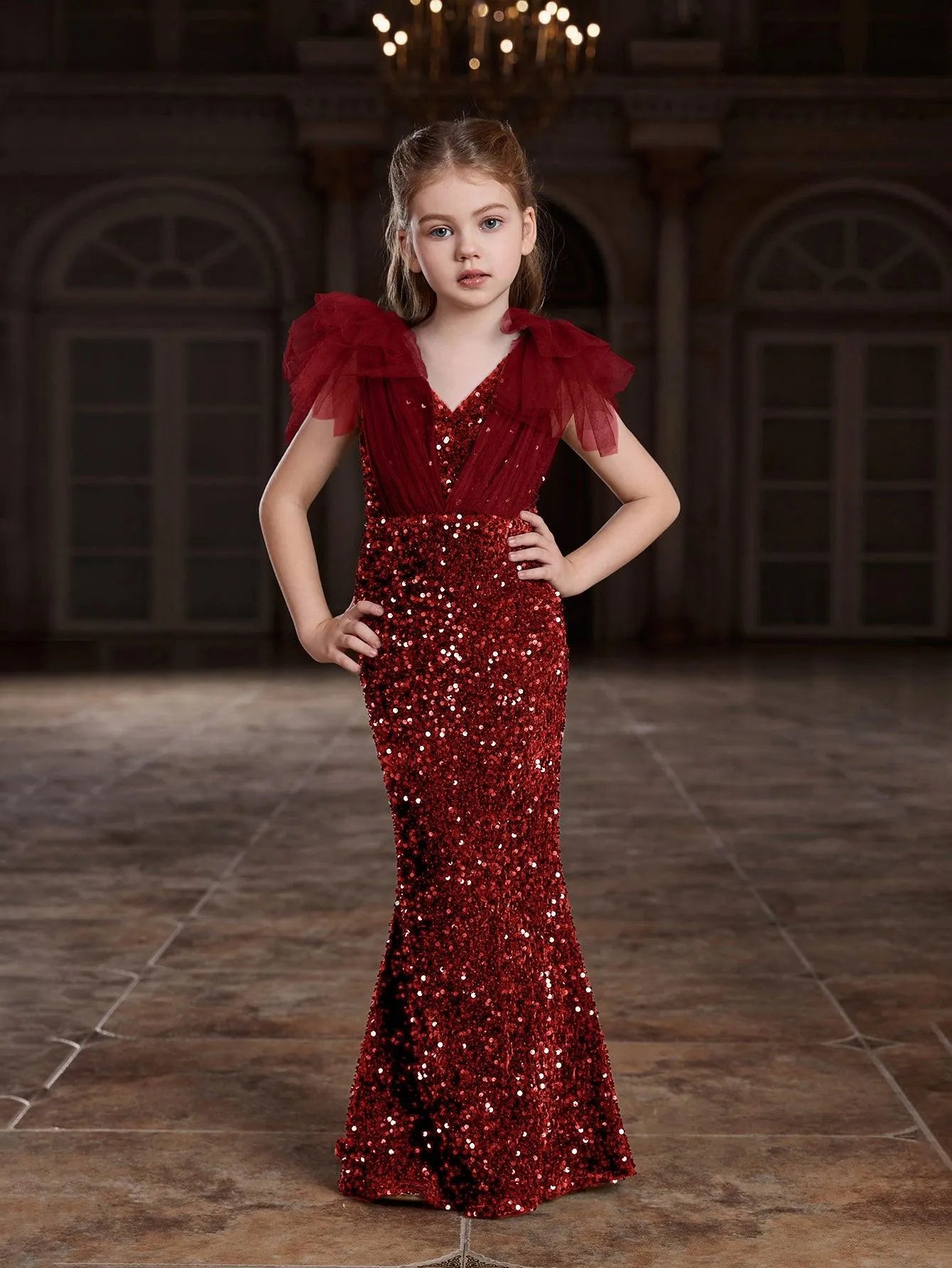 Tween Girls' Cloak Sleeves Sequin Mermaid Hem Dress - Red / 8Y Tween Girls' Cloak Sleeves Sequin Mermaid Hem Dress - Red / 8Y