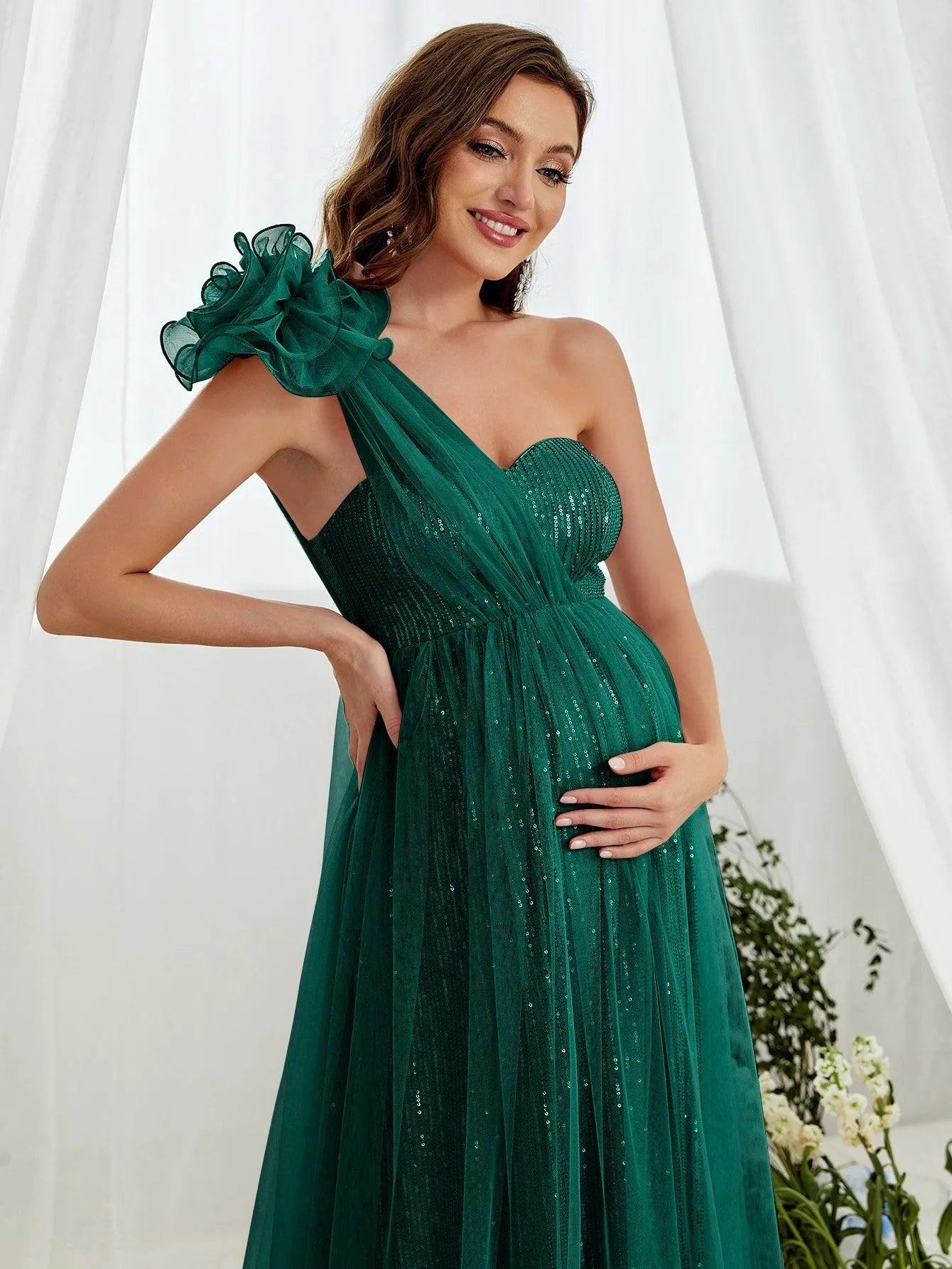 Maternity One Shoulder Contrast Mesh Sequin Formal Dress - Elonnashop