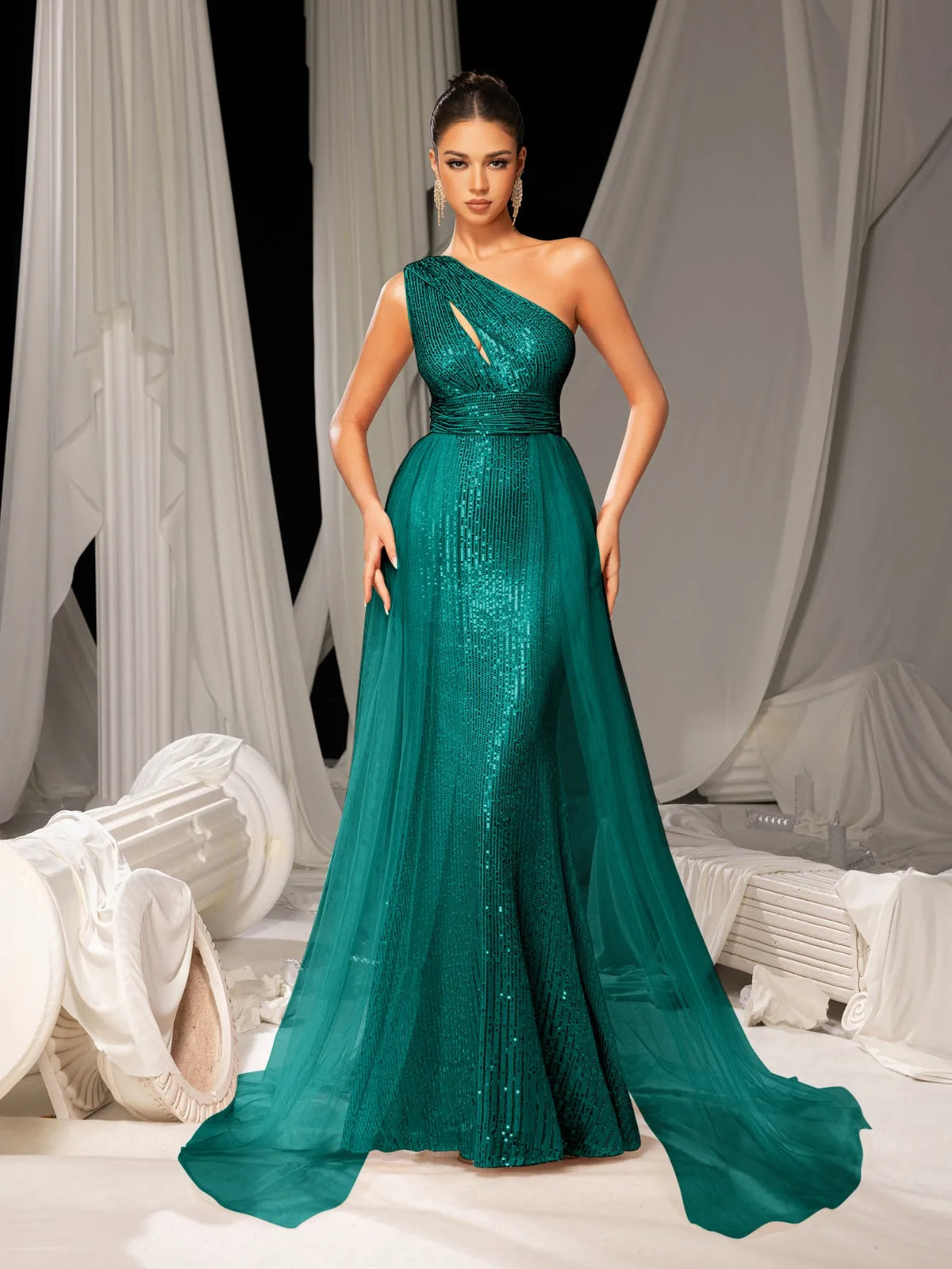 Elegant One Shoulder Sleeveless Mesh Overlay Sequin Formal Prom Dress Evening Dress