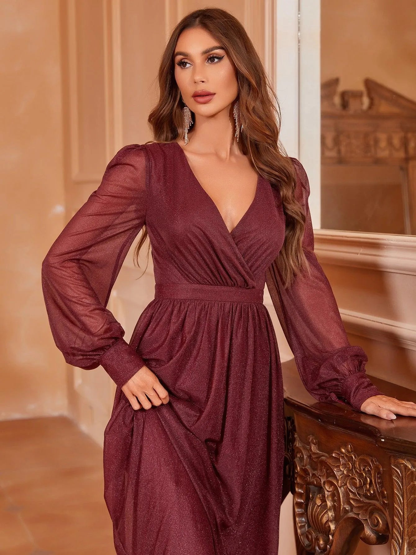 Elegant V Neck Lantern Sleeves Maxi A Line Dress - Elonnashop