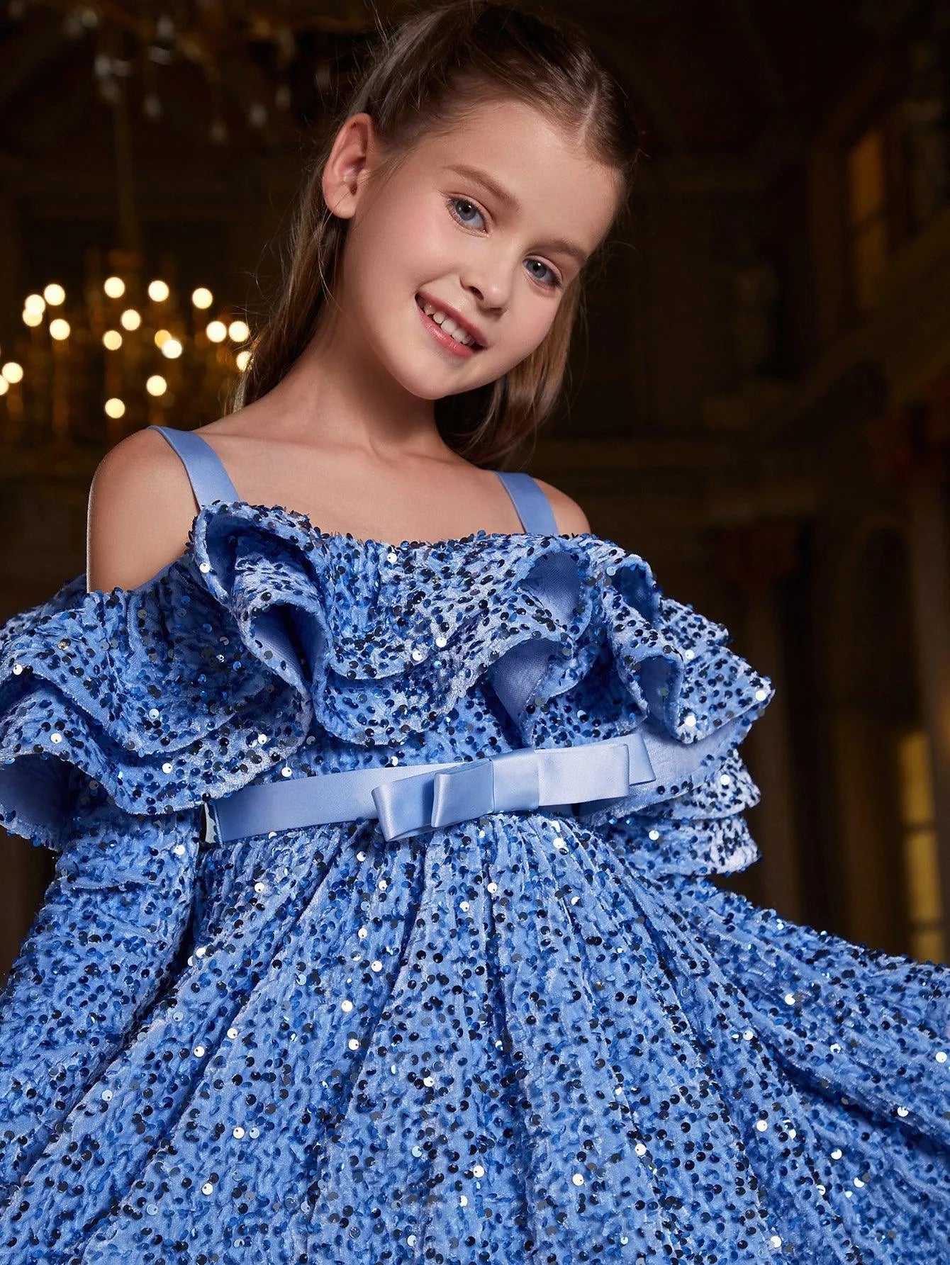 Tween Girls' Off Shoulder Layered Ruffle Trim Sequin Party Dress - Elonnashop