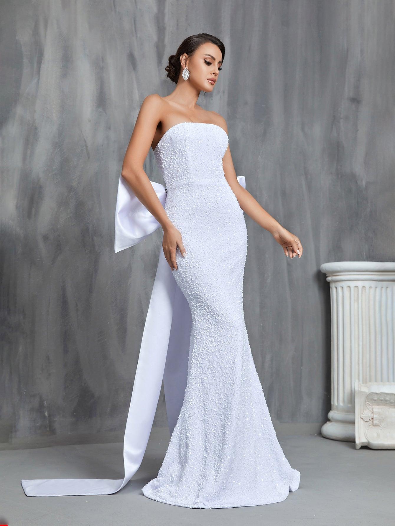 Sequin Mermaid Tube Wedding Dress With Satin Big Bow - Elonnashop
