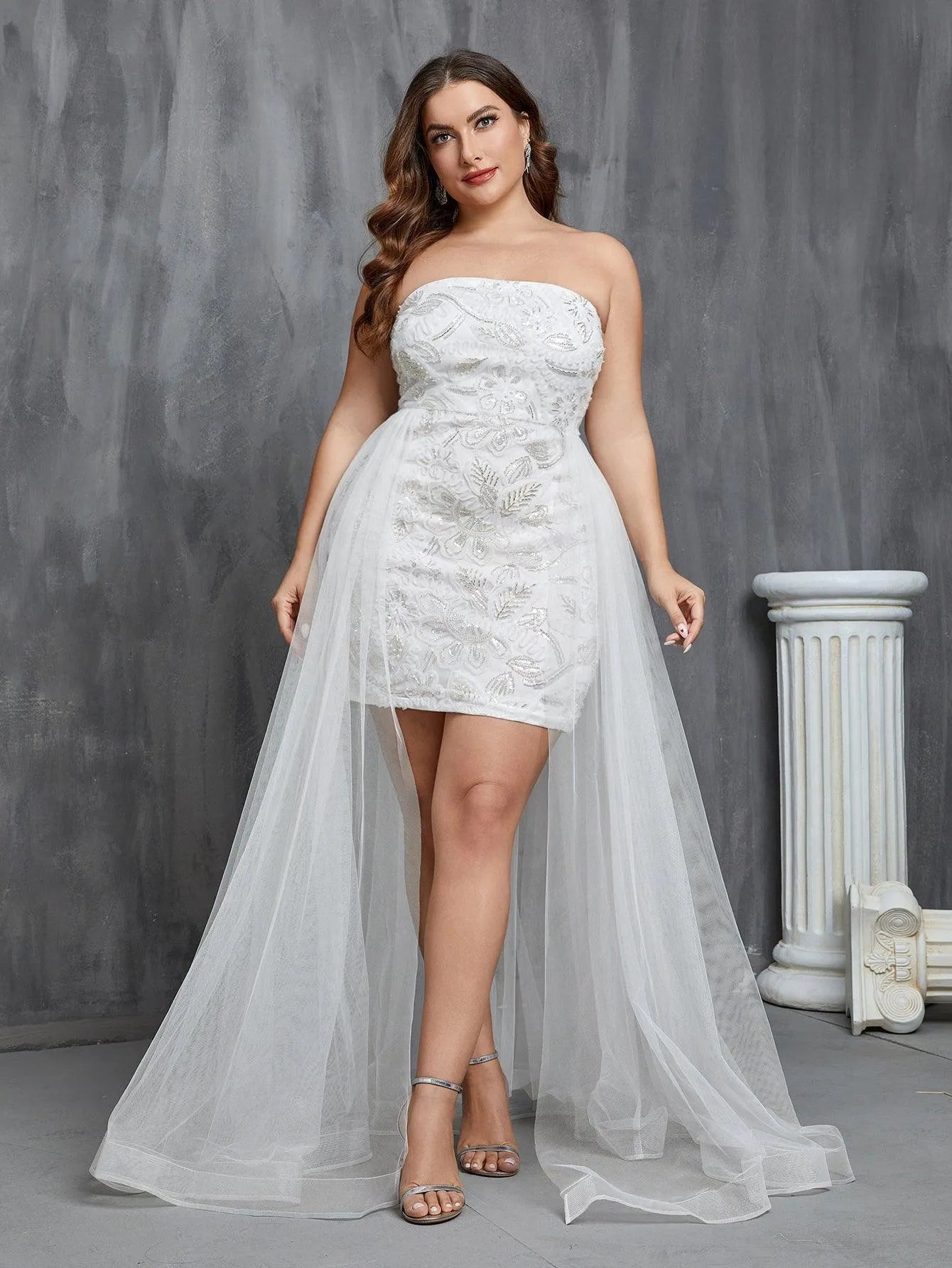 Plus Mesh Overlay Sequin Tube Wedding Dress - Elonnashop