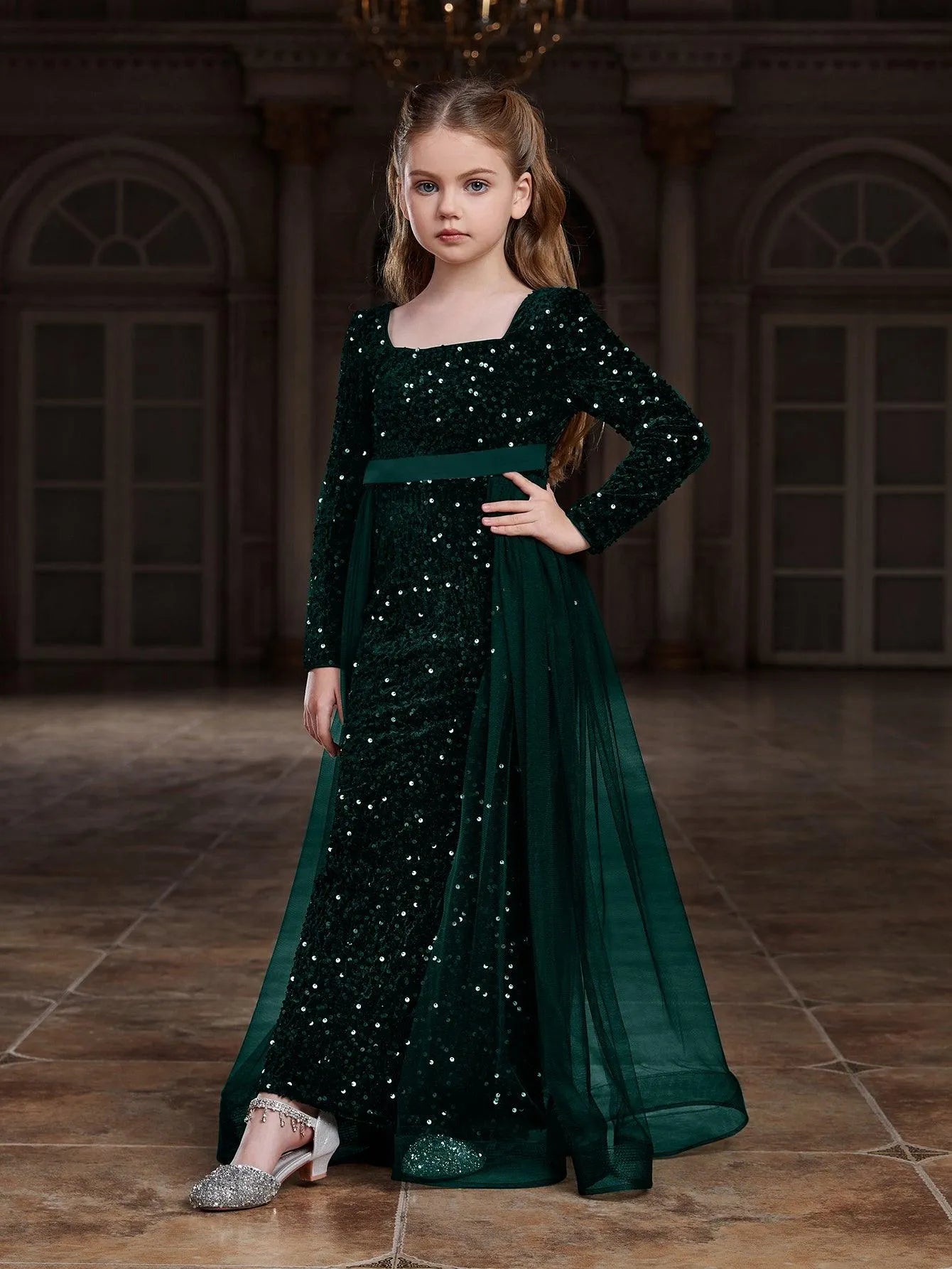 Tween Girls' Square Collar Long Sleeves Sequin Mermaid Dress – Elonnashop