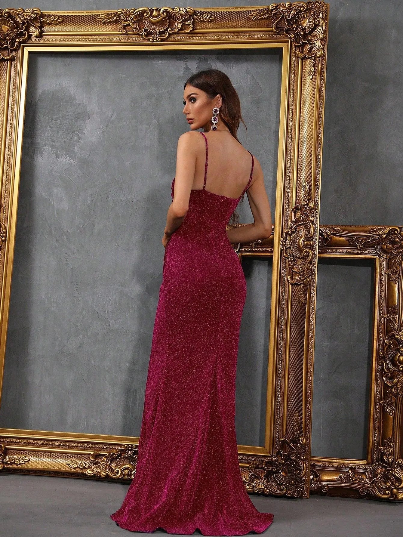 Glitter Spaghetti Strap Sleeveless Slit Dresses - Elonnashop