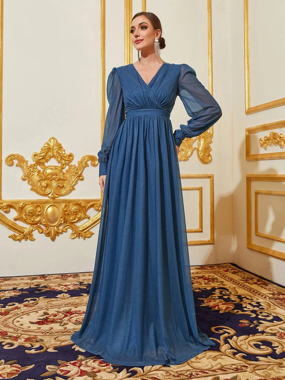 Elegant V Neck Lantern Sleeves Maxi A Line Dress - Elonnashop