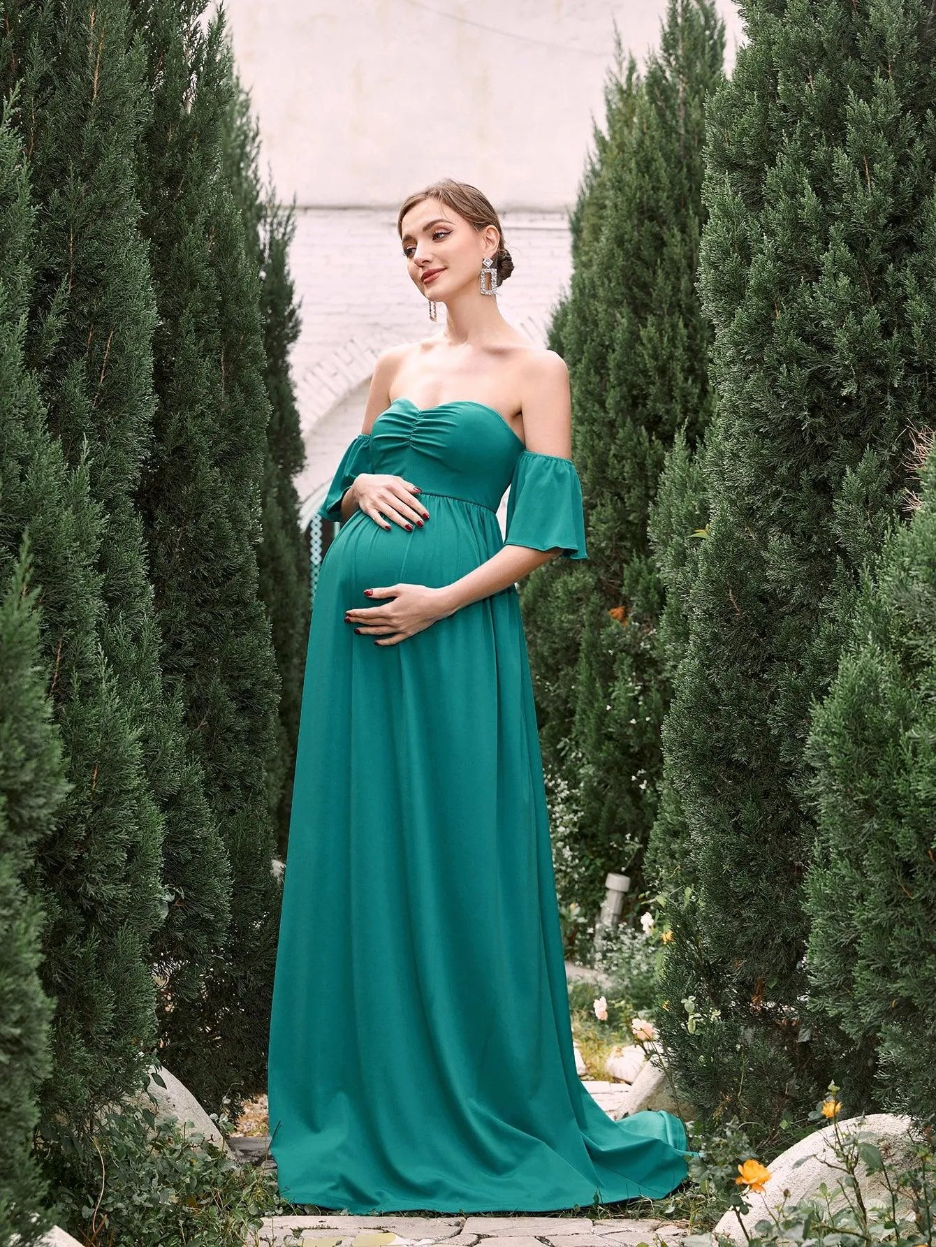 Maternity Off Shoulder Flared Sleeves Maxi Prom Dress - Elonnashop