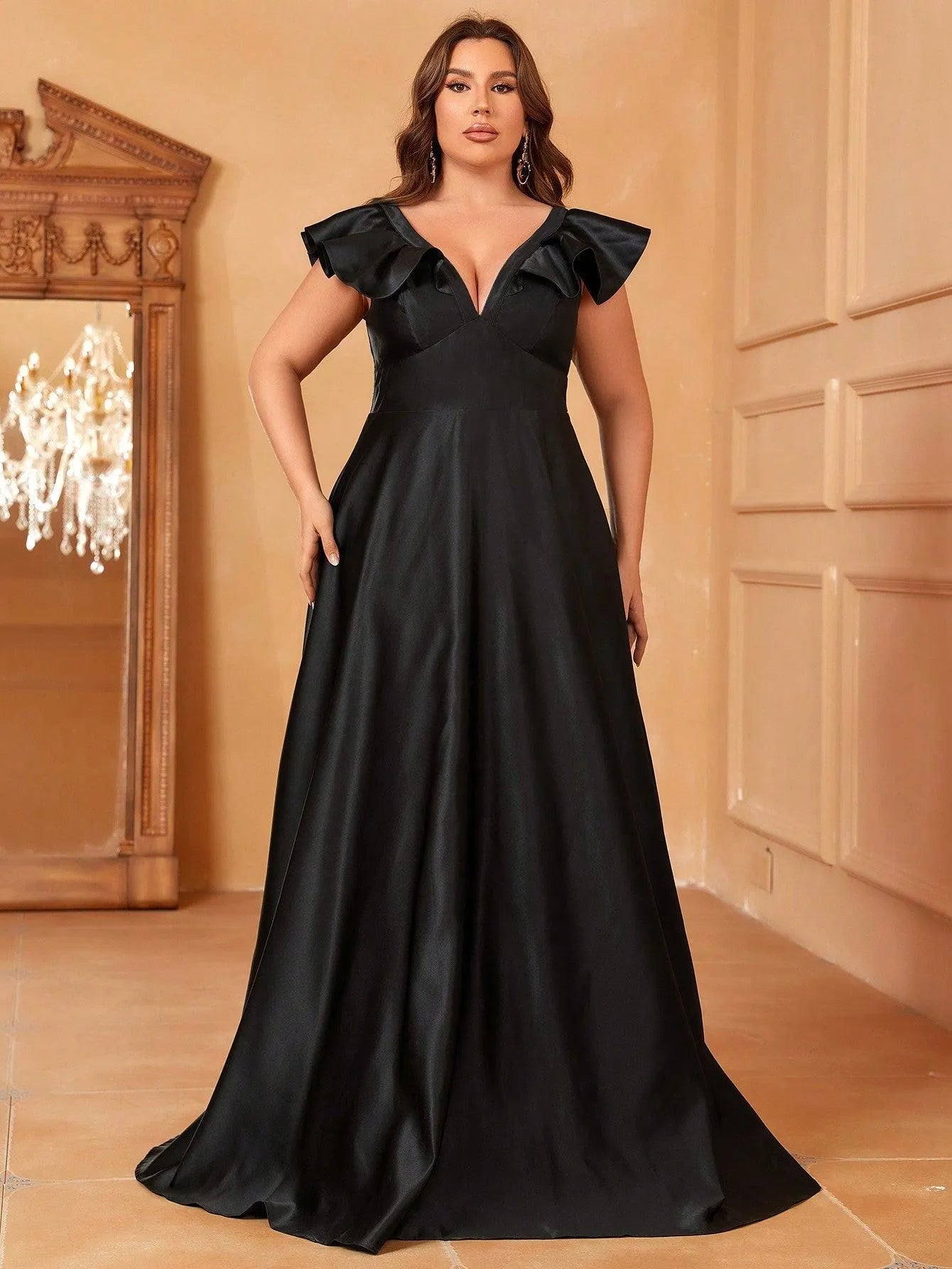 Plus Ruffle Trim Deep V Neck Satin Formal Dress - Elonnashop