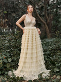 Gorgeous Plunging Neck Cascading Ruffle Hem Sequin Prom Dress - Elonnashop