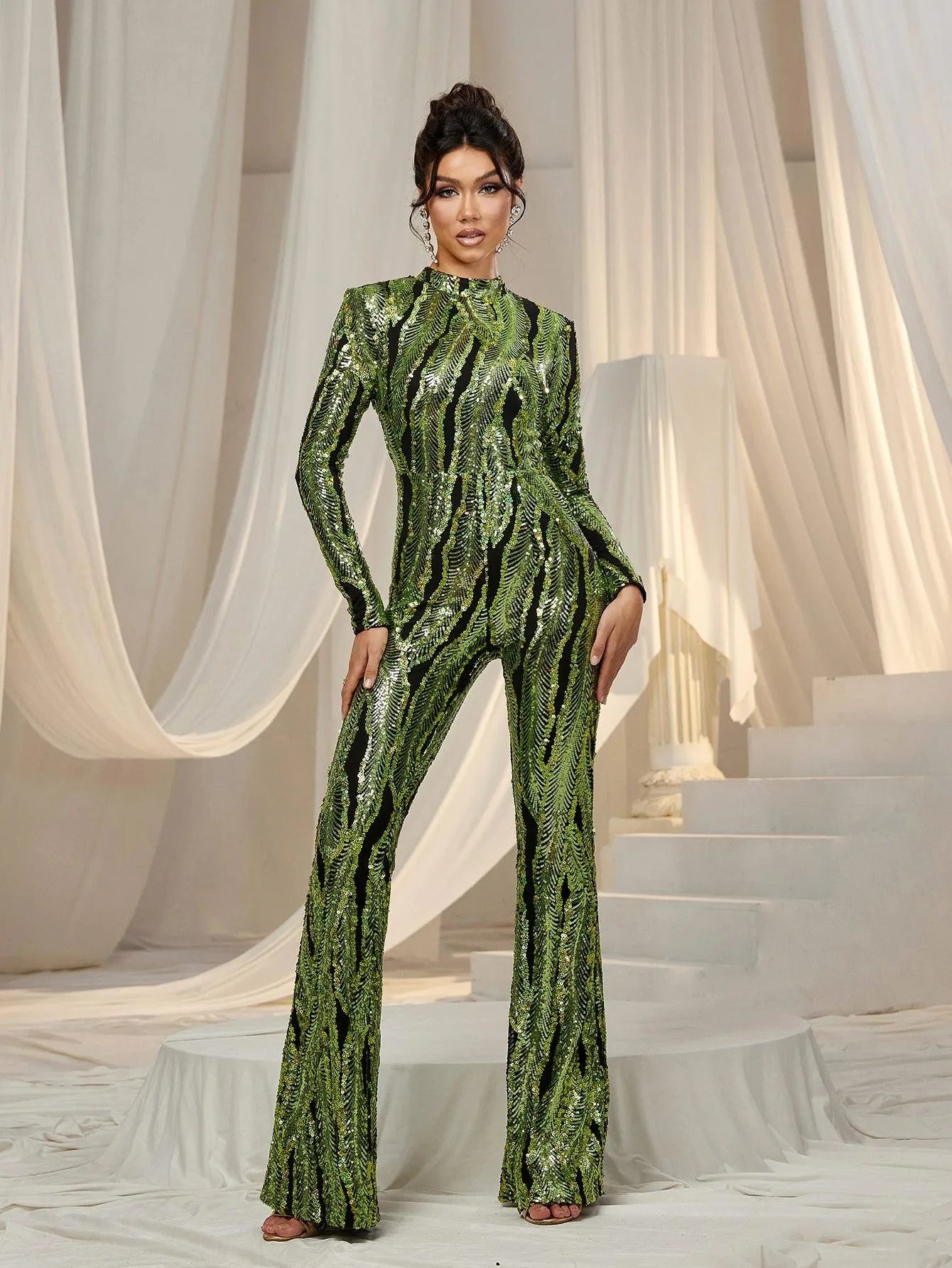 Elegant Mock Neck Long Sleeves Graphic Sequin Jumpsuit - Elonnashop