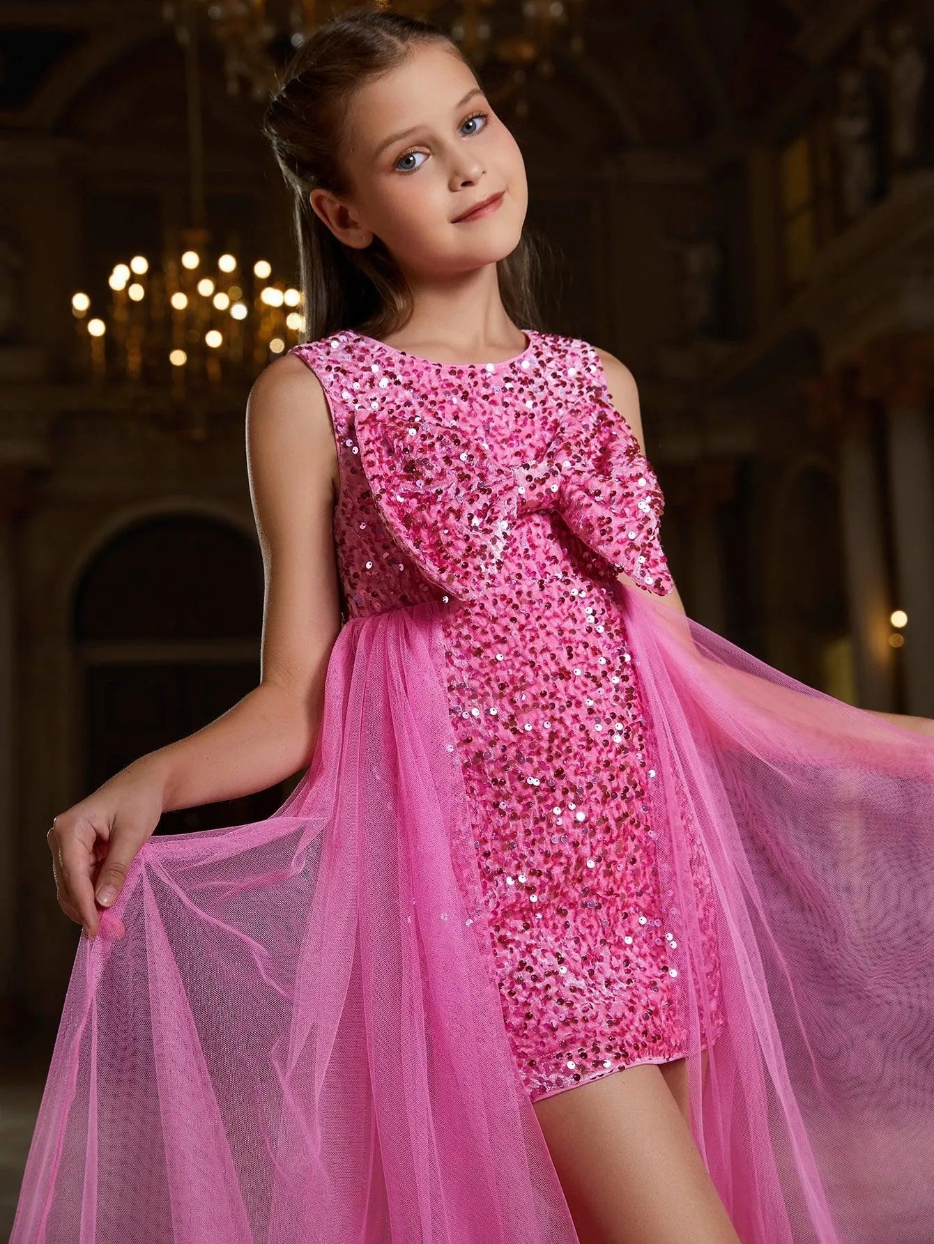 Tween Girls' Bow Front Mesh Overlay Sequin Mini Dress - Elonnashop