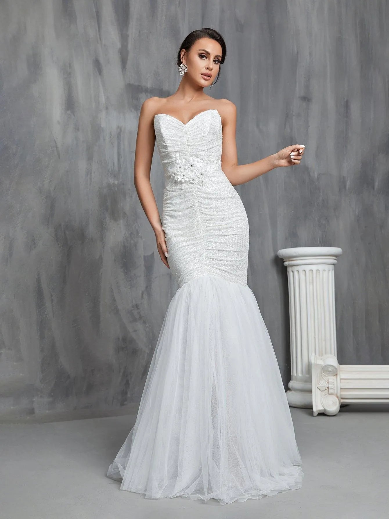 Ruched Front Mermaid Hem Sequin Tube Wedding Dresses - Elonnashop