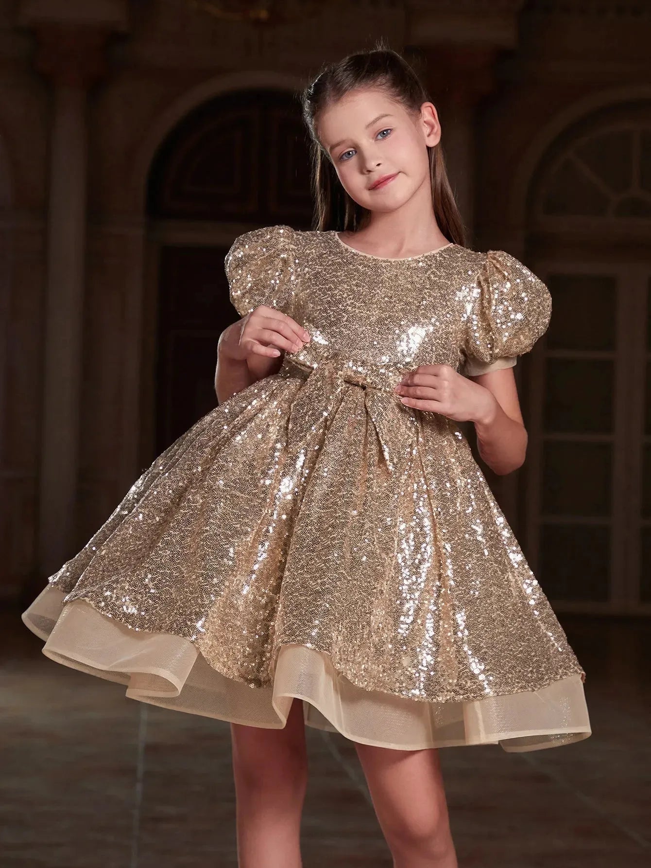 Tween Girls' Cute Bow Front Puff Sleeve Sequin Party Dress