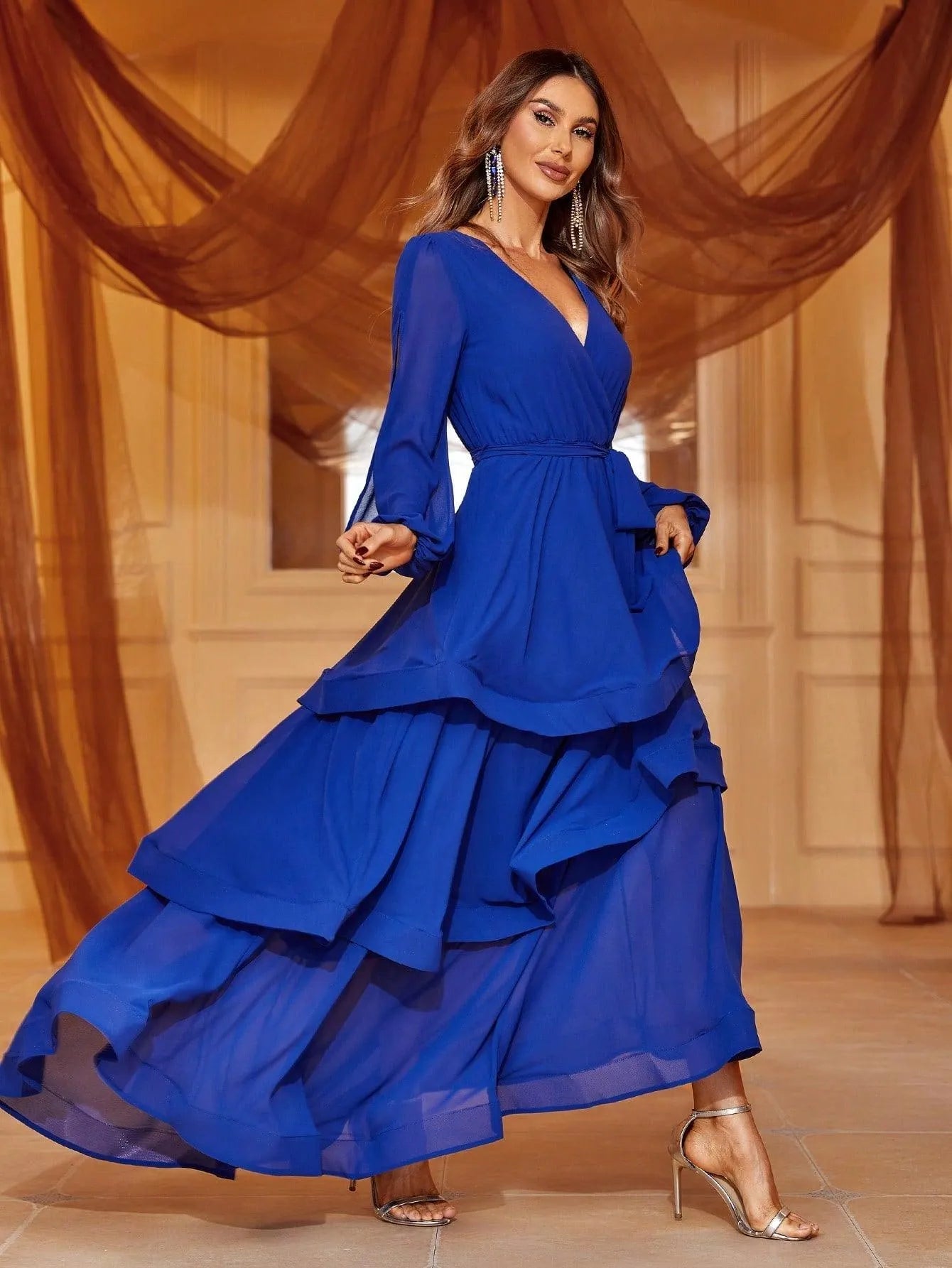 Cascading Ruffle Lantern Sleeves Chiffon Dresses - Elonnashop