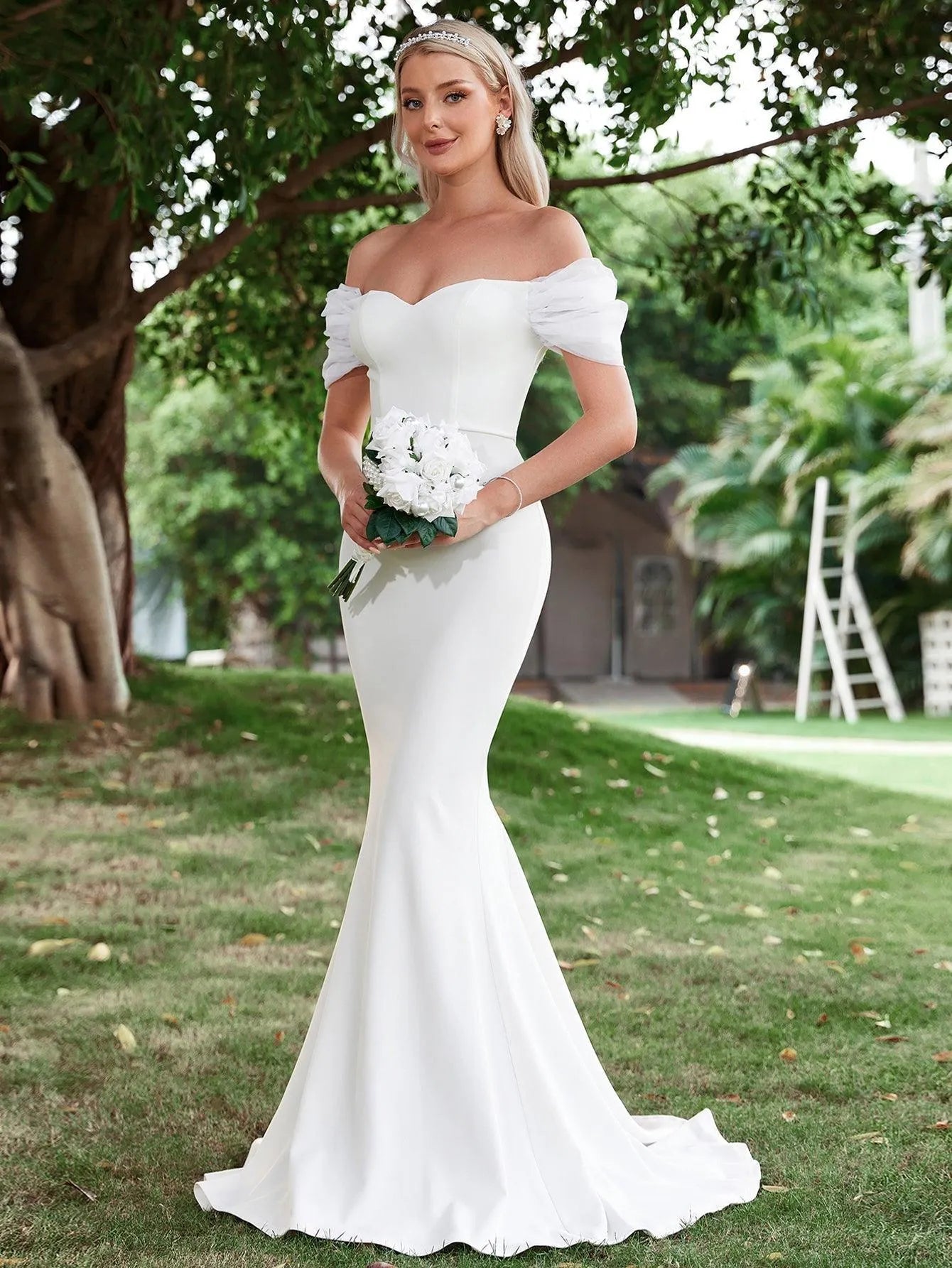 Off Shoulder Mermaid Hem Wedding Dress - Elonnashop