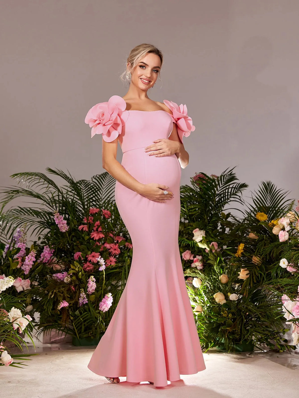 Maternity  Stereo Flower Off Shoulder Mermaid Hem Evening Dress