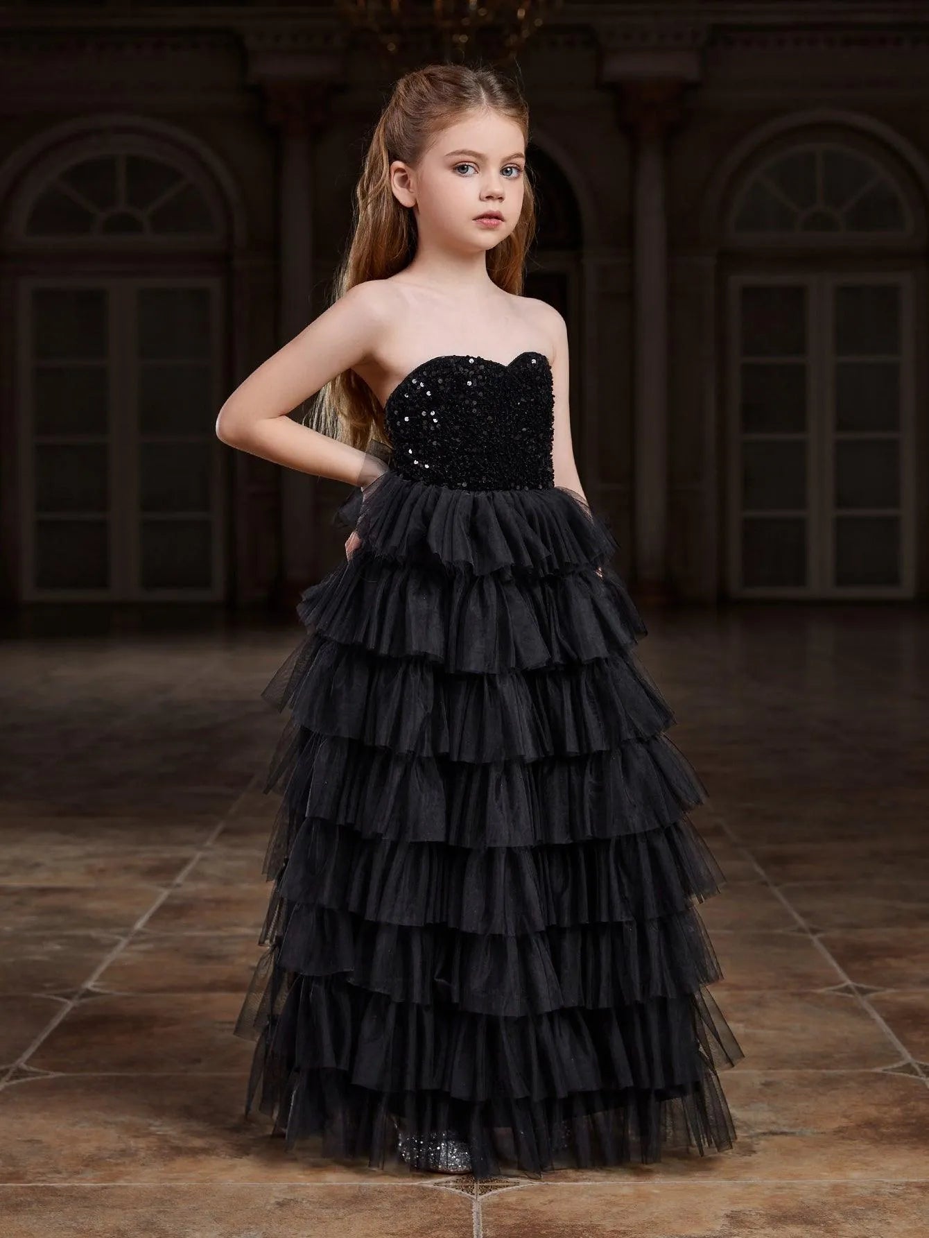 Tween Girls' Mesh Layered Hem Sequin Tube Party Dress - Elonnashop