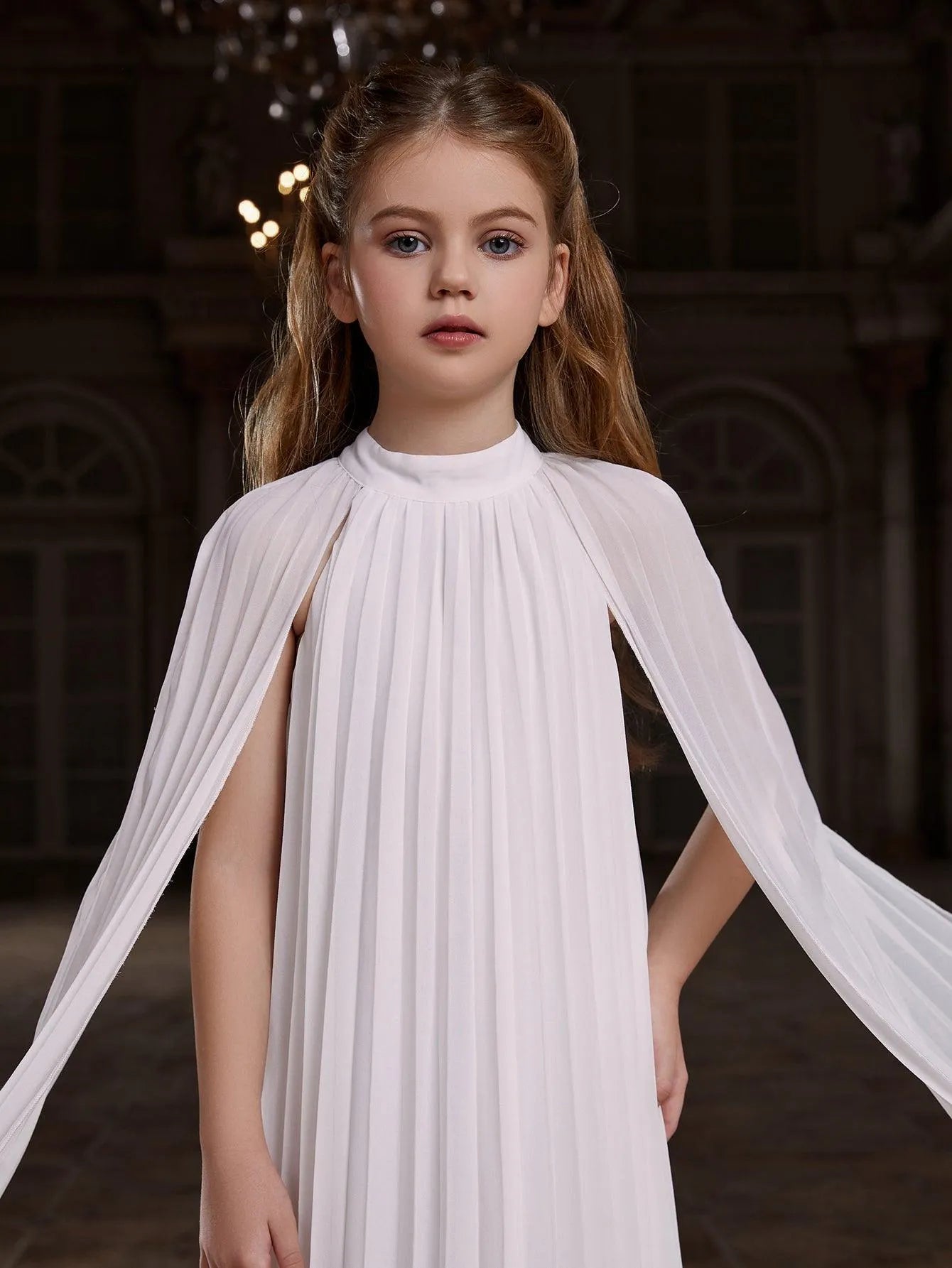 Tween Girls' Mock Neck Extra-Long Sleeves Pleated Chiffon Dress - Elonnashop