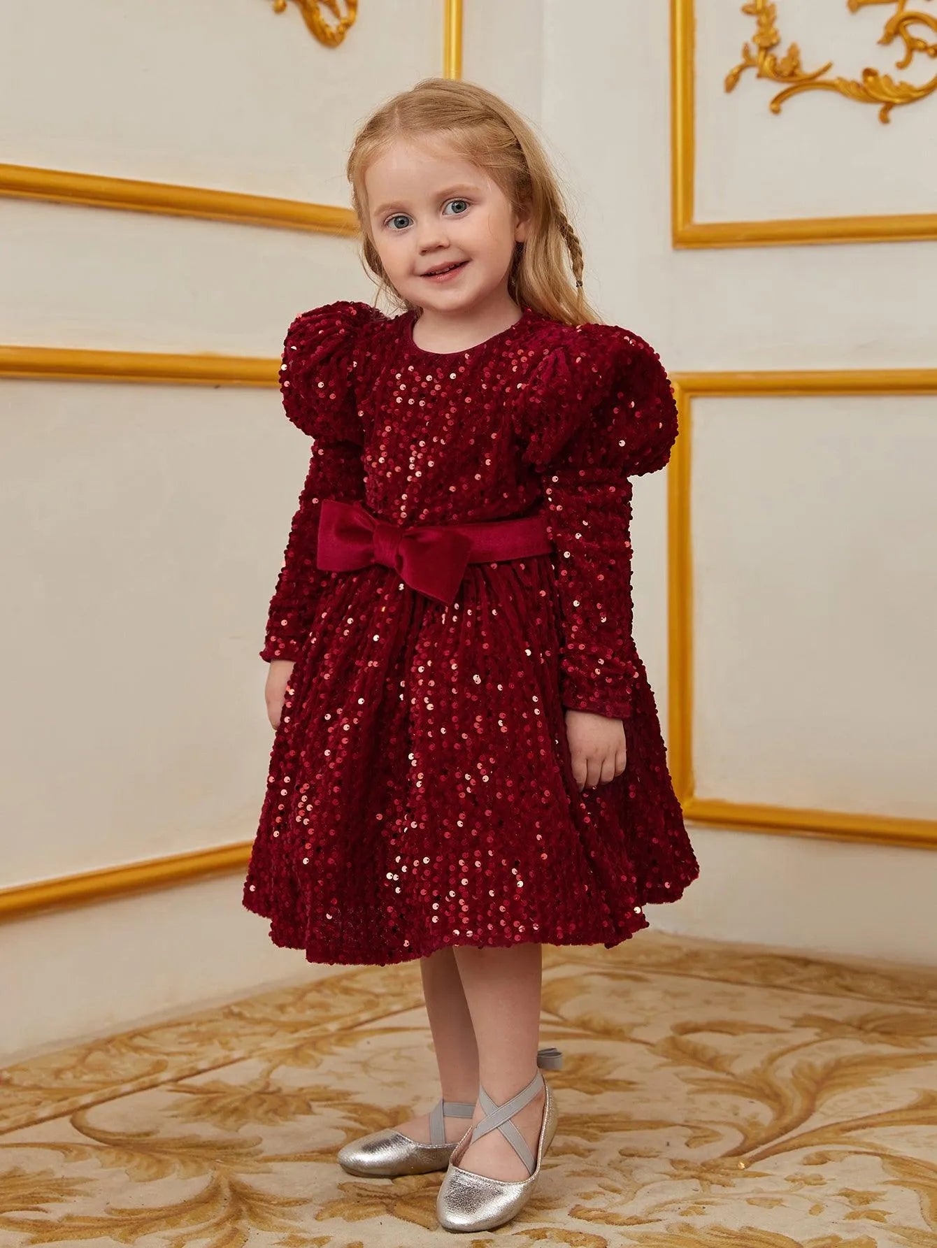 Young Girls' Gigot Sleeve Bow Decor Sequin Midi Dress - Elonnashop