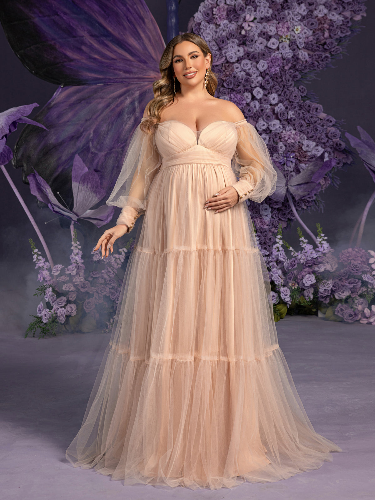 Plus Maternity Off Shoulder Bishop Sleeves Layered Tulle Photography Dress
