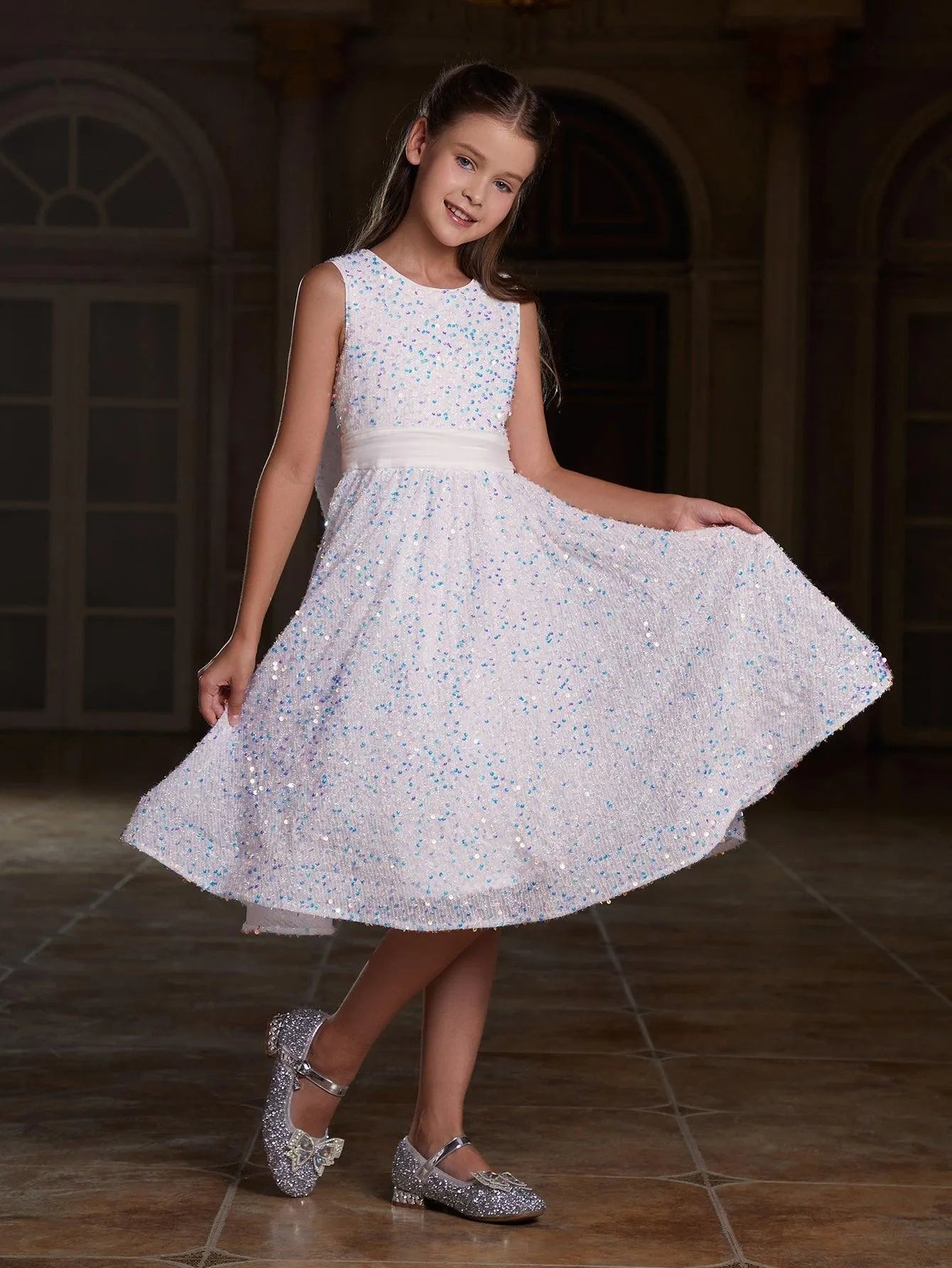 Tween Girls' Bow Back Sleeveless Sequin A Line Dress - Elonnashop