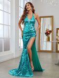 Halter Neck Split Thigh Sequin Mermaid Dress - Elonnashop