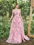 Elegant Off Shoulder Cascading Ruffle Floral Tulle Split Prom Dress - Elonnashop