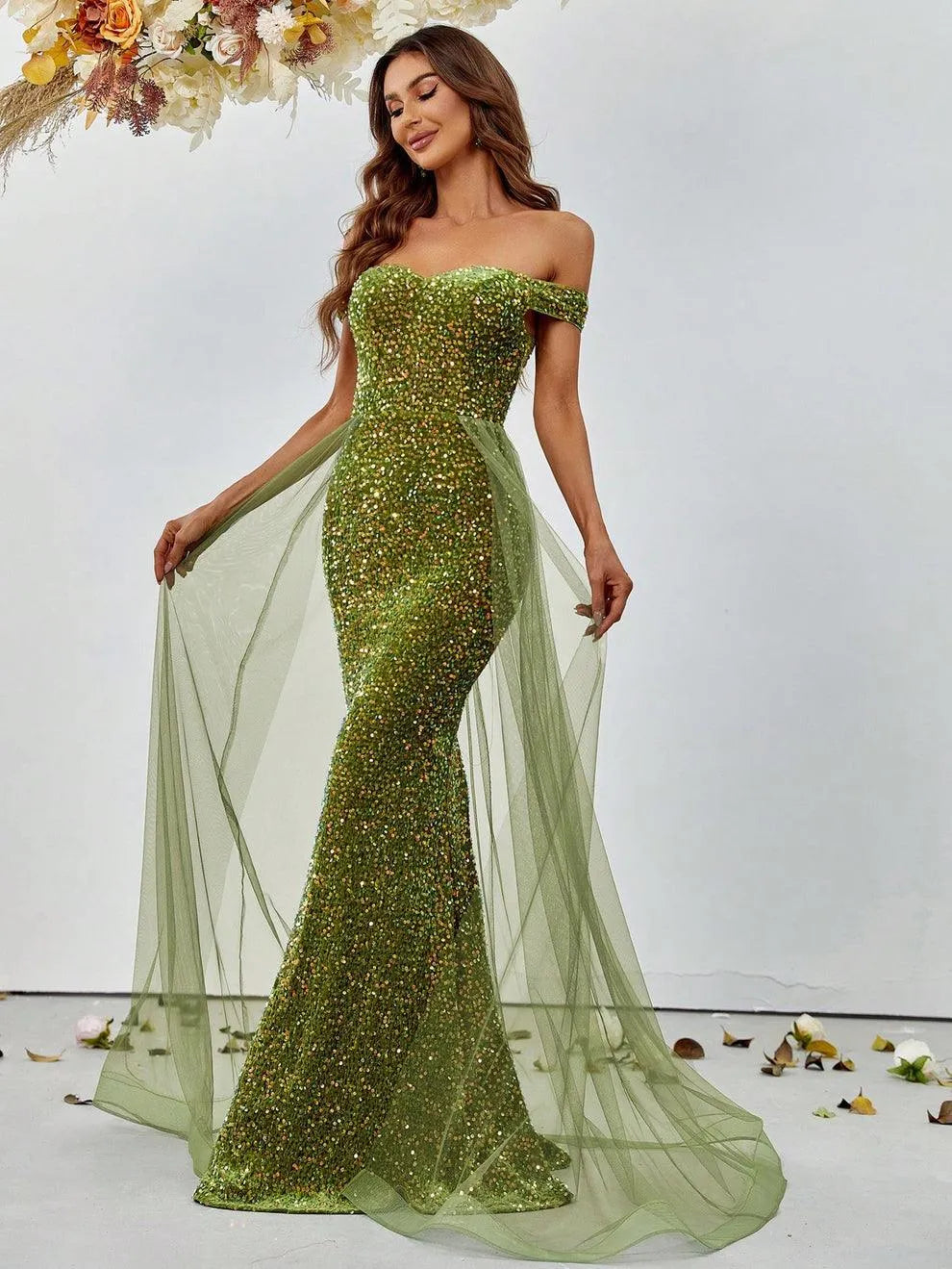 Off Shoulder Sequin Mermaid Dresses Mesh Layer On Waist - Elonnashop