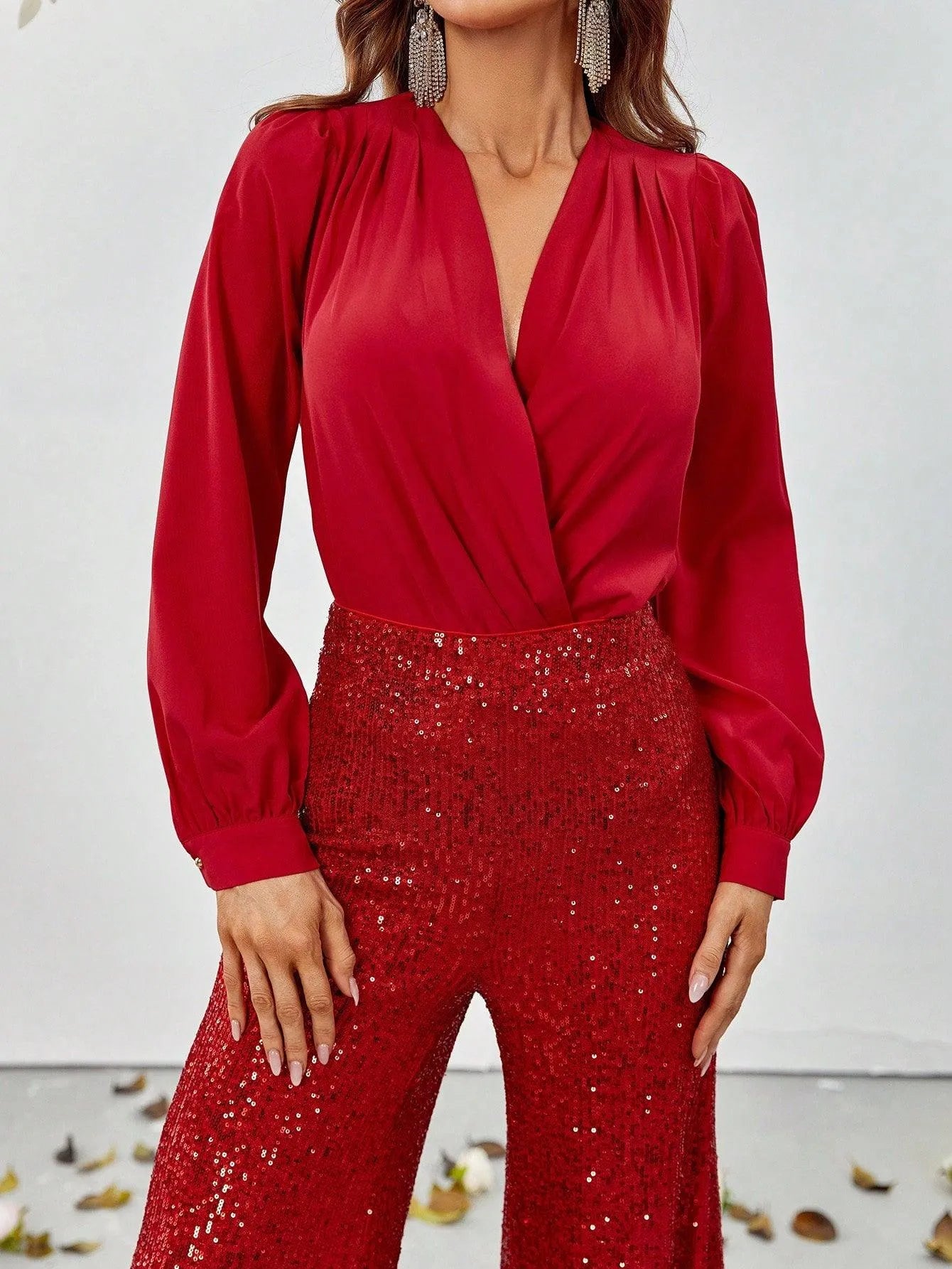 V Neck Lantern Sleeve Top & Sequin Pants - Elonnashop