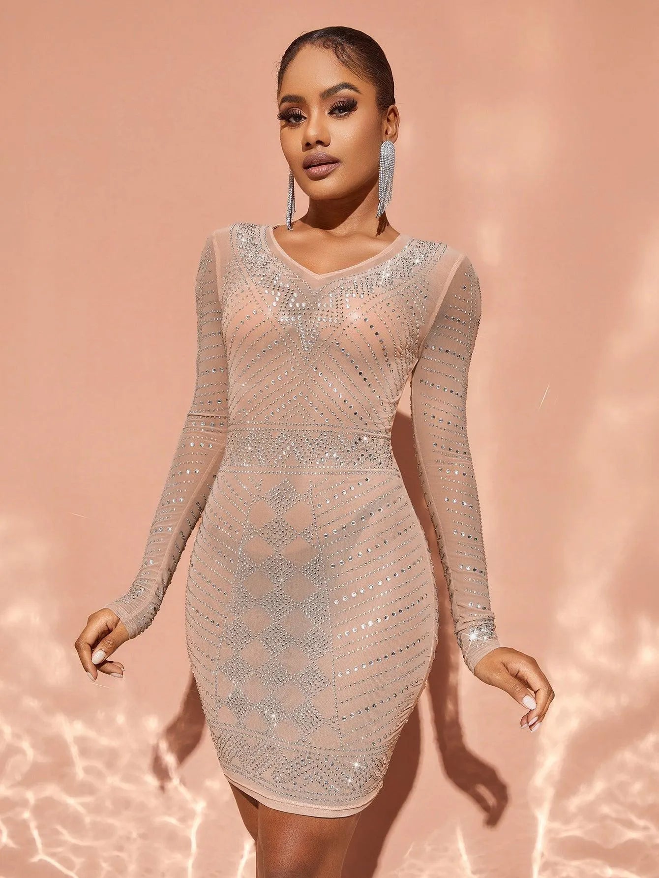 Chic Rhinestone Detail Sheer Mesh Mini Dress - Elonnashop