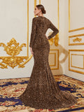 Elegant Maxi Sequin Evening Gown with Mock Neck, Long Sleeves, and Mermaid Fishtail Skirt