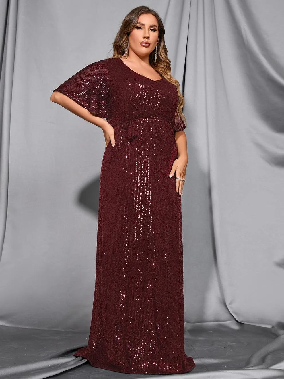 Plus Butterfly Sleeve Sequin Prom Dress - Elonnashop