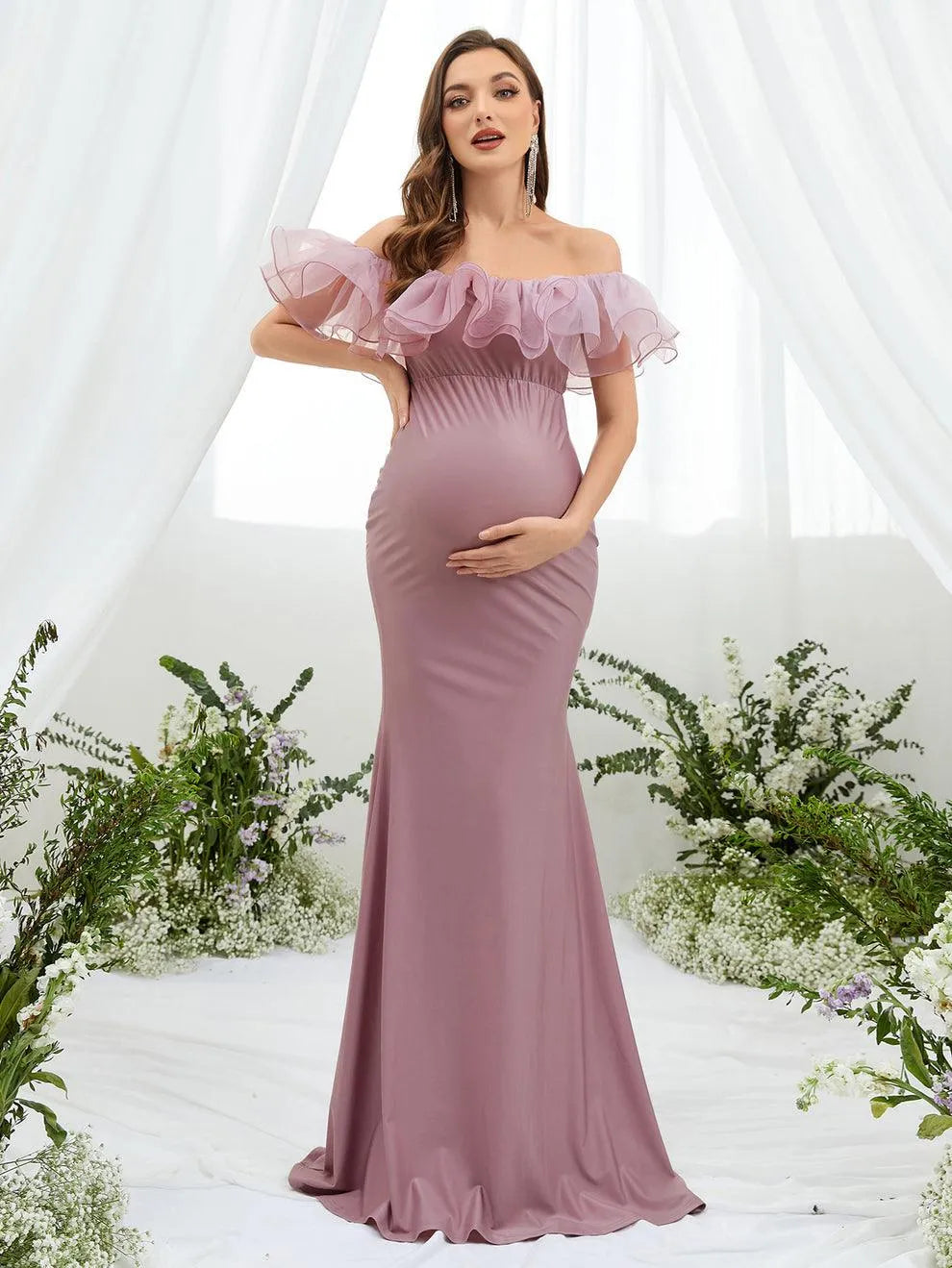 Maternity Ruffle Trim Off Shoulder Mermaid Hem Party Dress - Elonnashop