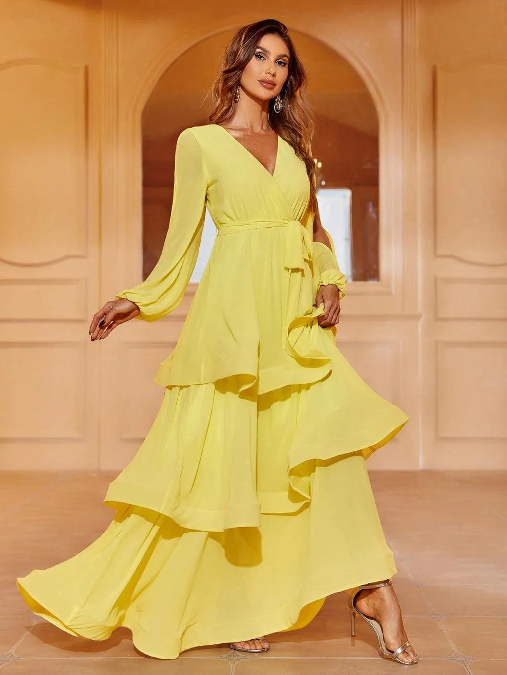 Cascading Ruffle Lantern Sleeves Chiffon Dresses - Elonnashop