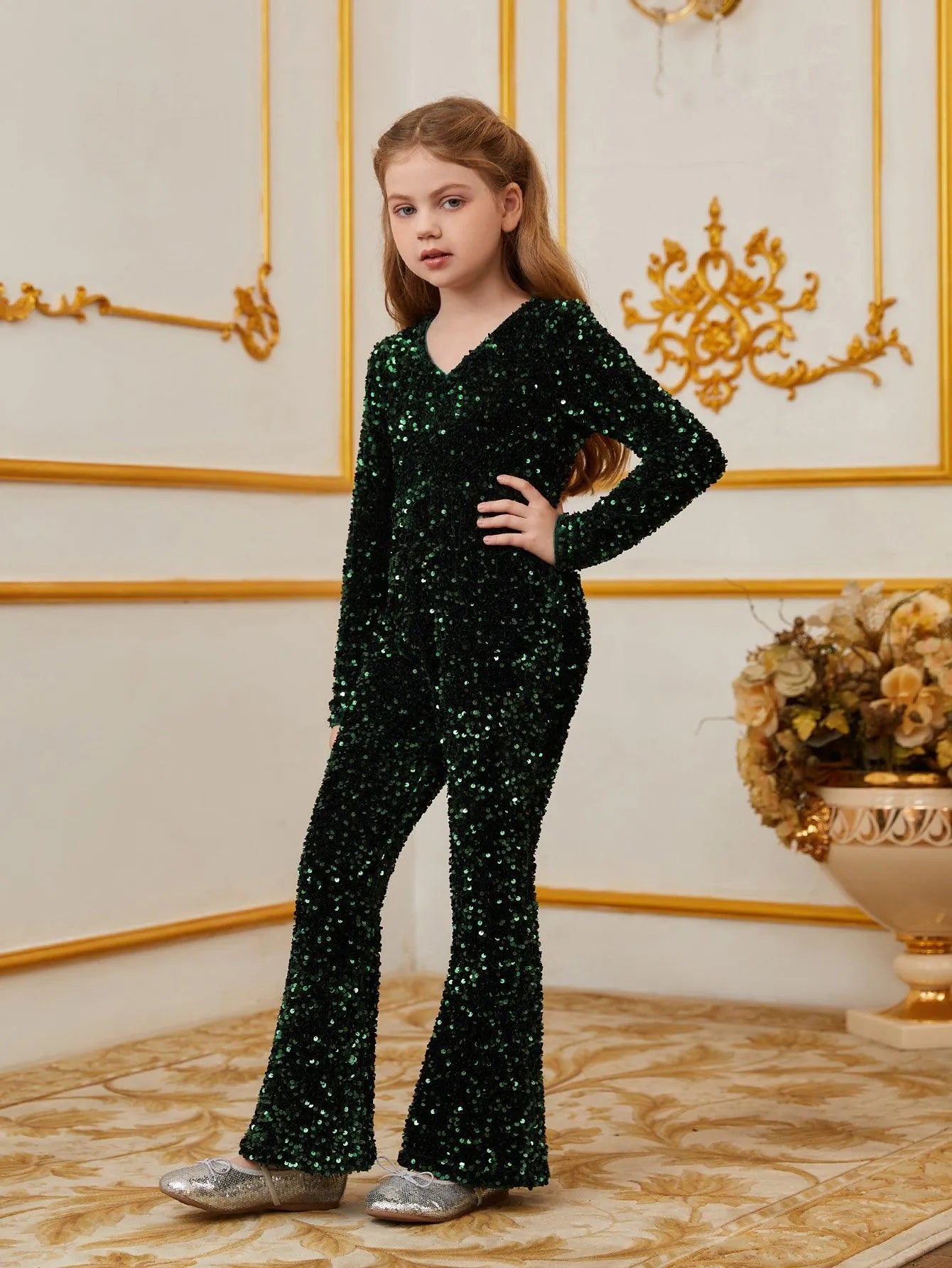 Tween Girls' V Neck Long Sleeves Sequin Jumpsuit - Elonnashop