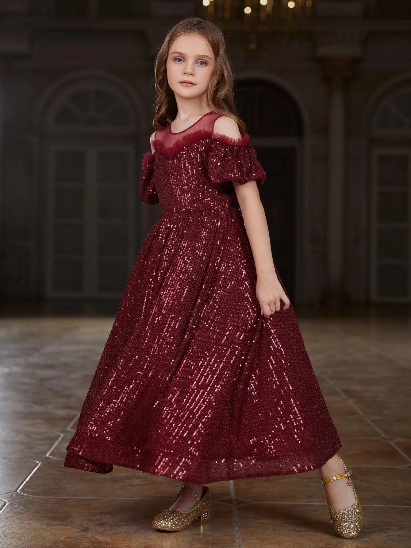 Tween Girls' Cold Shoulder Sequin A Line Party Dress - Elonnashop