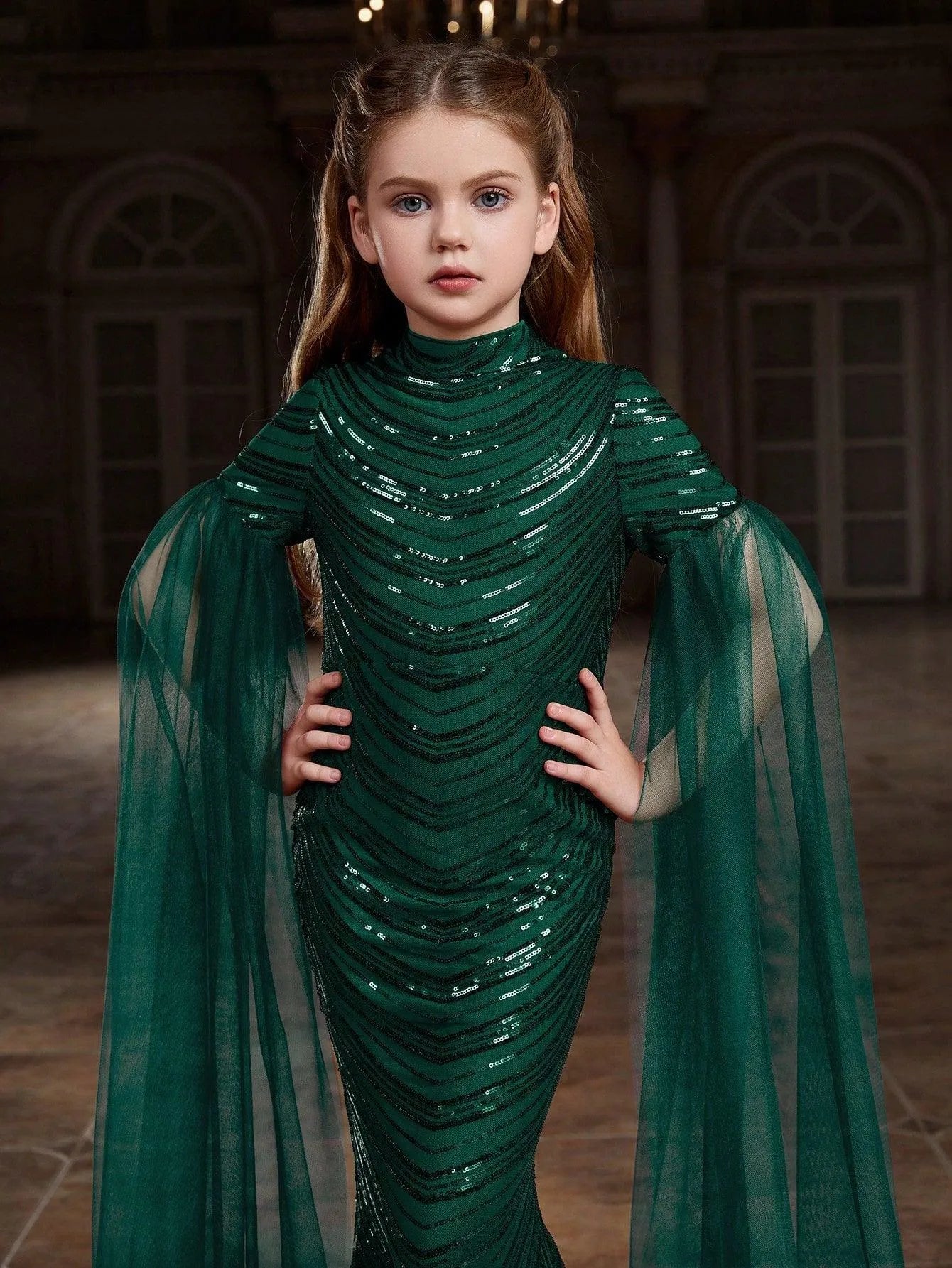 Tween Girls' Cloak Sleeves Sequin Mermaid Dress - Elonnashop