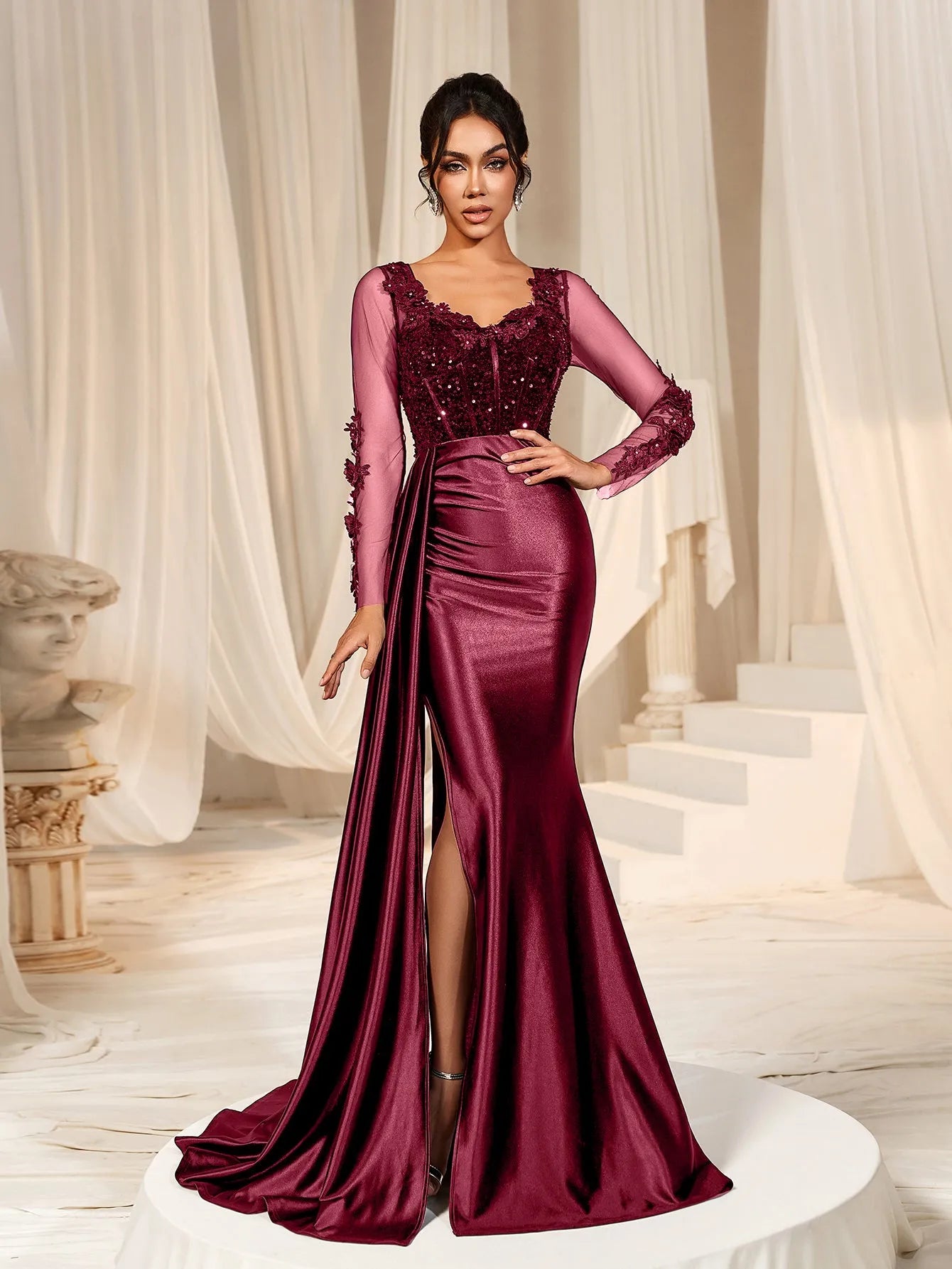 Elegant Sequin Bodice Sheer Sleeves Mermaid Hem Satin Evening Dress Elonnashop Elegant Sequin Bodice Sheer Sleeves Mermaid Hem Satin Evening Dress Elonnashop