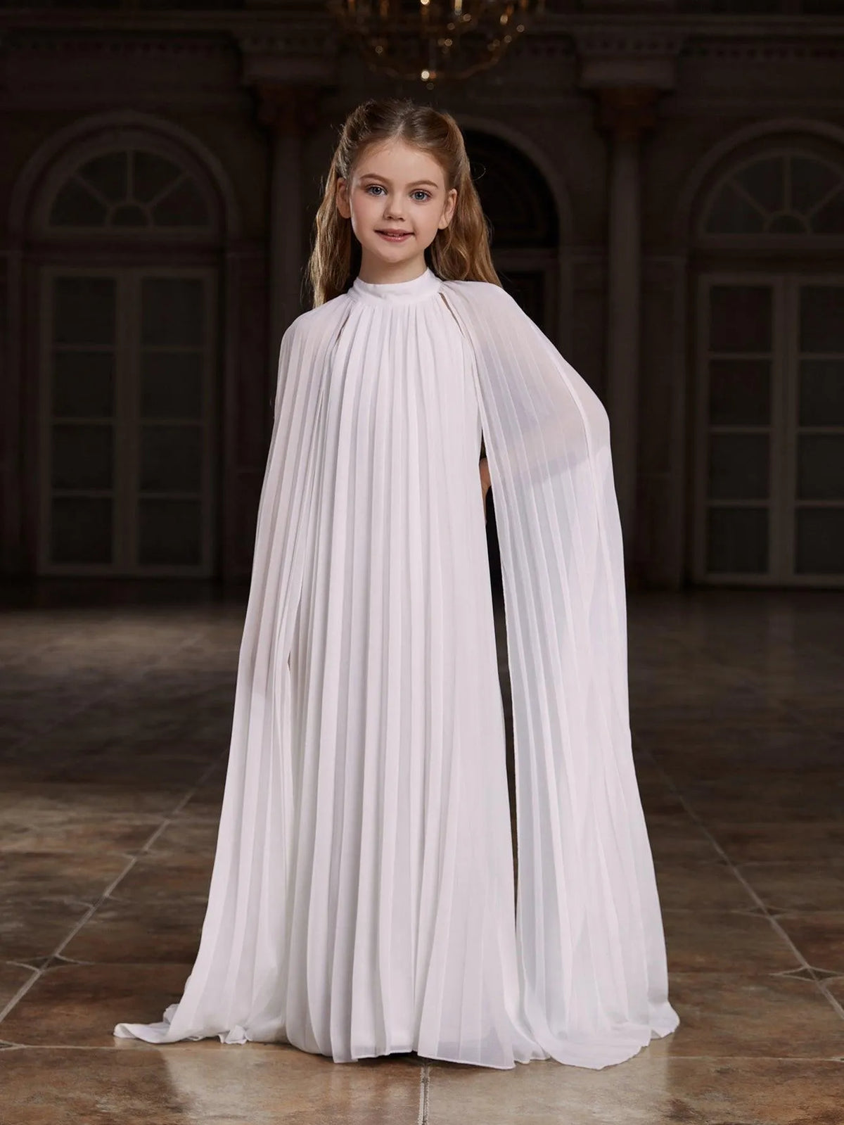 Tween Girls' Mock Neck Extra-Long Sleeves Pleated Chiffon Dress - Elonnashop