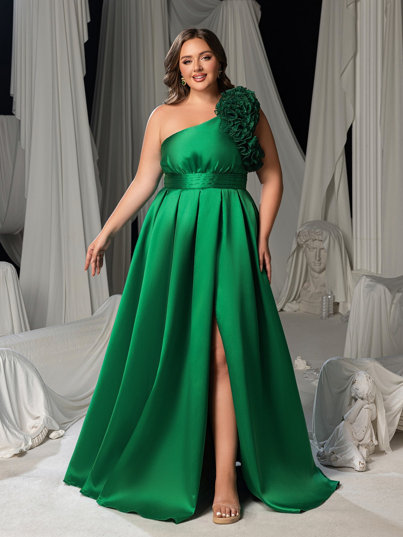Plus Women's One Shoulder Formal Dress | Statement Ruffle Trim Accent | Corset Back & High Split