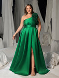 Plus Women's One Shoulder Formal Dress | Statement Ruffle Trim Accent | Corset Back & High Split