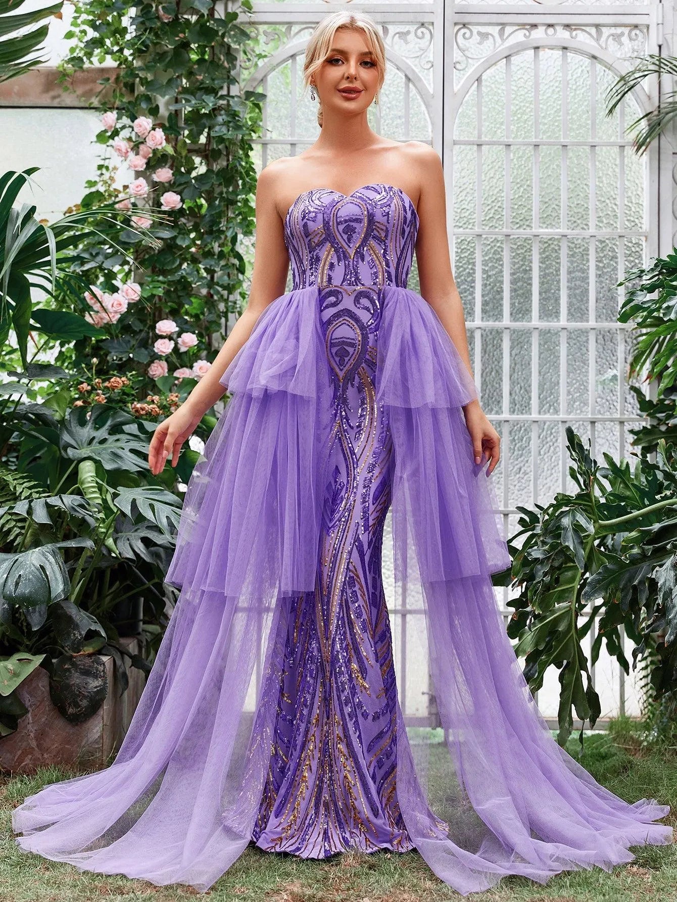 mermaid tube dress Mesh Overlay Sequin Mermaid Tube Dress Purple / M