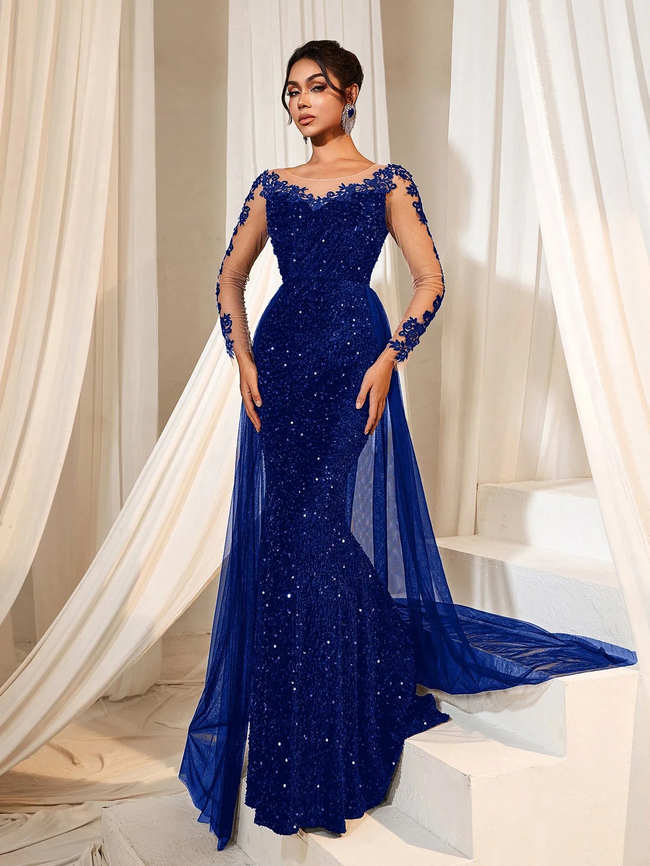 Elegant Sheer Sleeves Mesh Train Sequin Evening Dress Elonnashop Elegant Sheer Sleeves Mesh Train Sequin Evening Dress Elonnashop