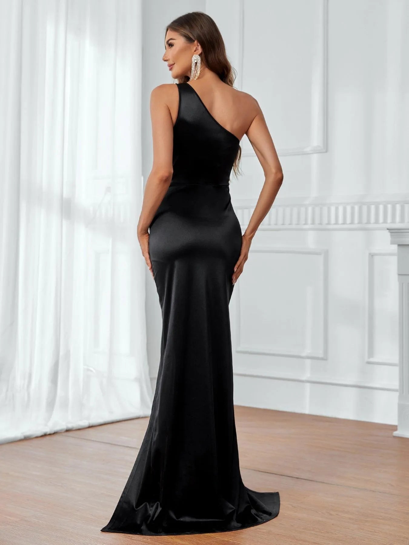 One Shoulder Cut Out Front Slit Satin Dress - Elonnashop