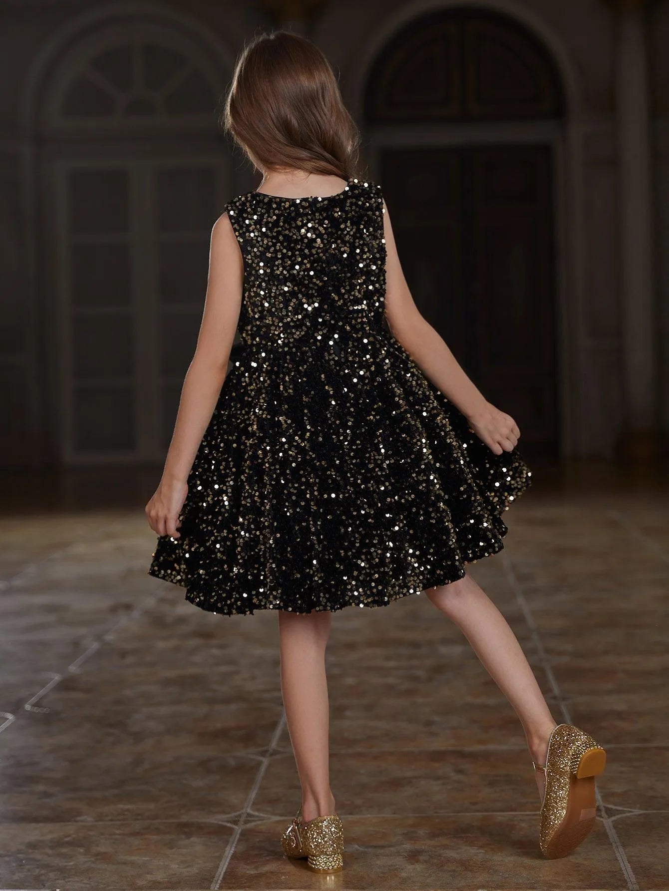 Tween Girls' Cute Sleeveless Bow Front Sequin A Line Dress - Elonnashop