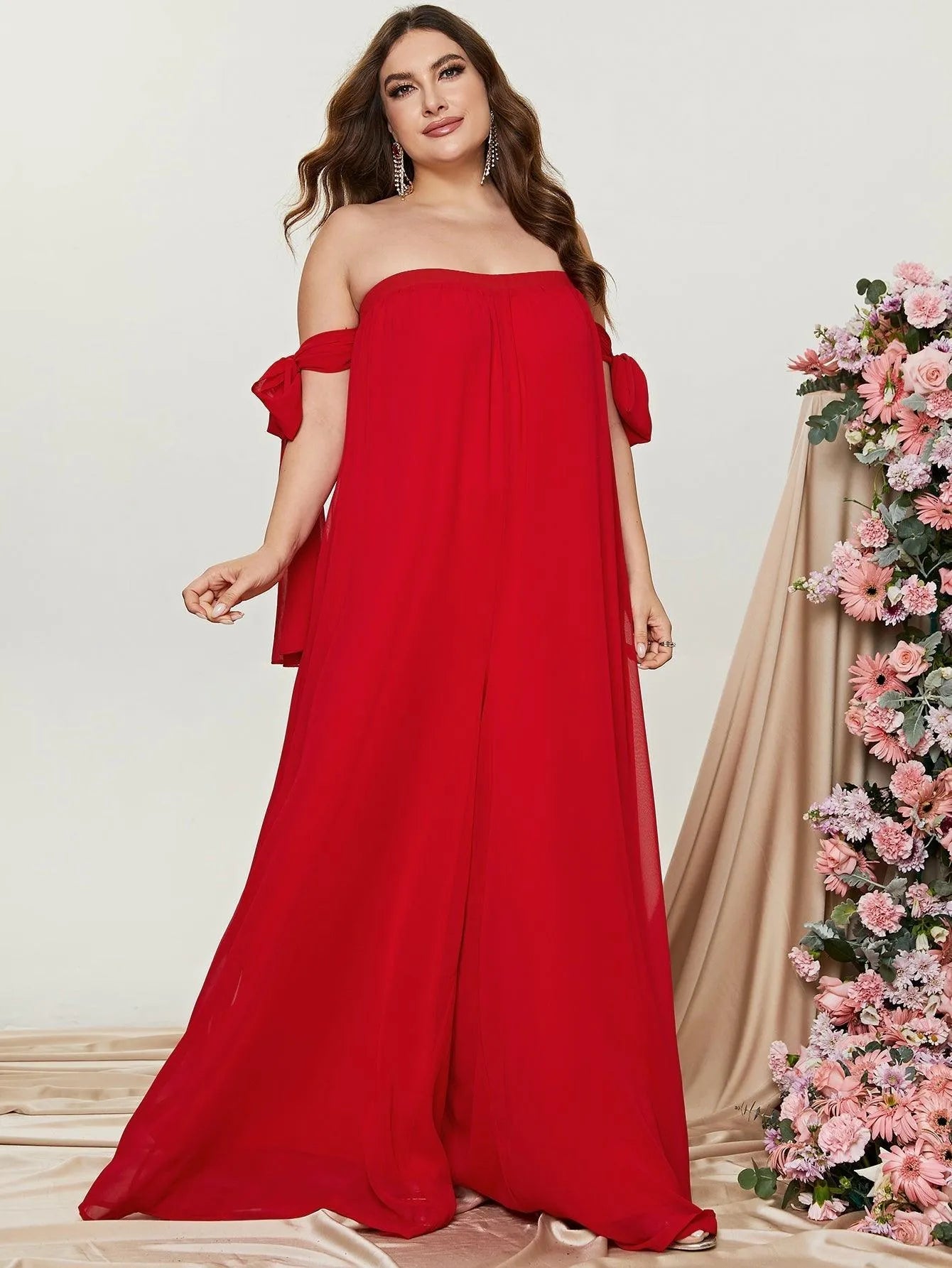 Plus Off Shoulder Sleeveless Chiffon Jumpsuits - Elonnashop