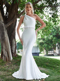 One Shoulder Backless Mermaid Hem Wedding Dress - Elonnashop