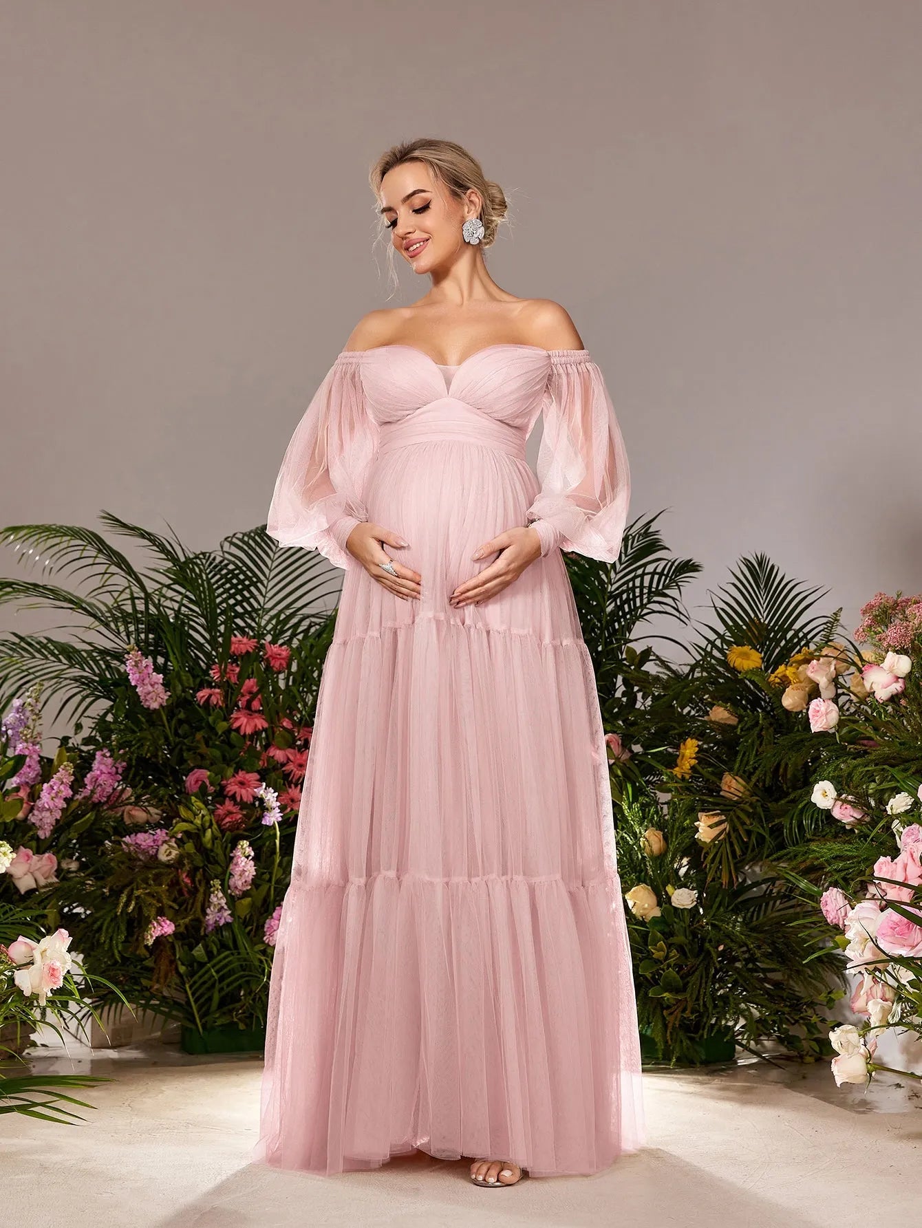 Maternity Off Shoulder Bishop Sleeves Tulle Party Dress