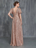 Womens' Plunging Neck Butterfly Sleeves Sequin Formal Dress - Elonnashop